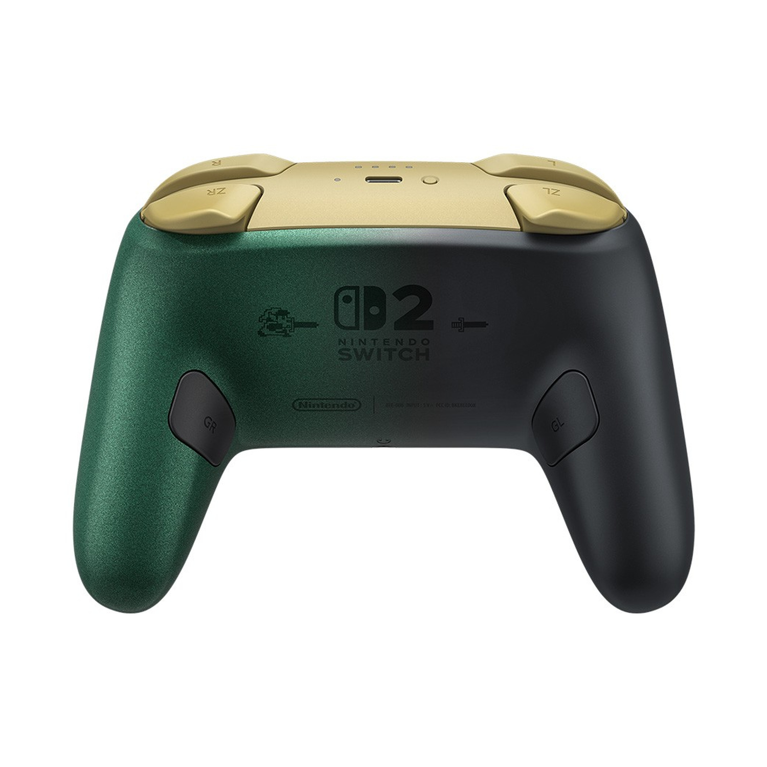 Controller Nintendo Switch oro, verde e nero con due pulsanti posteriori su sfondo bianco.