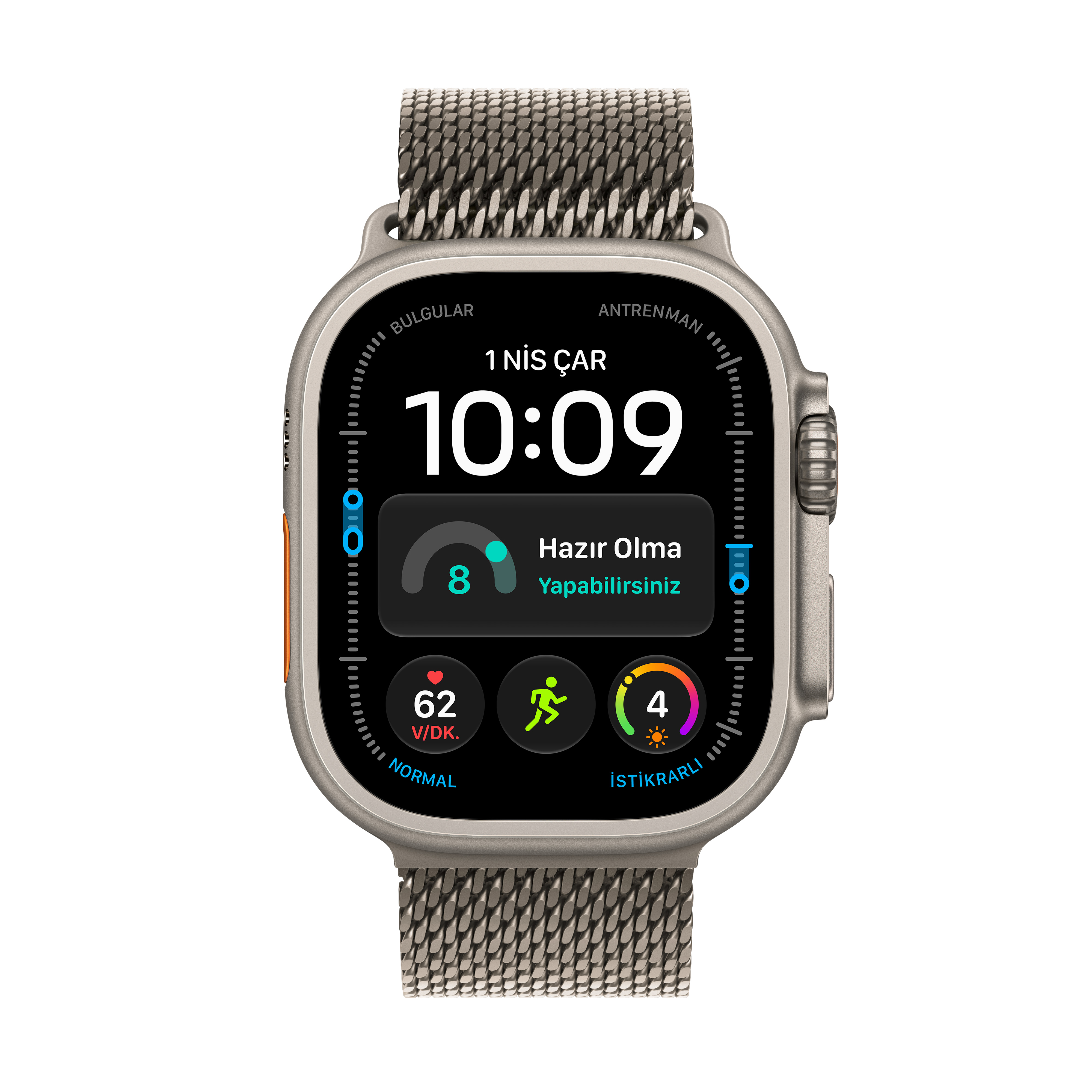 10:09 saatini, tarihi ve fitness verilerini gösteren dijital ekranlı gümüş renkli bir akıllı saat.