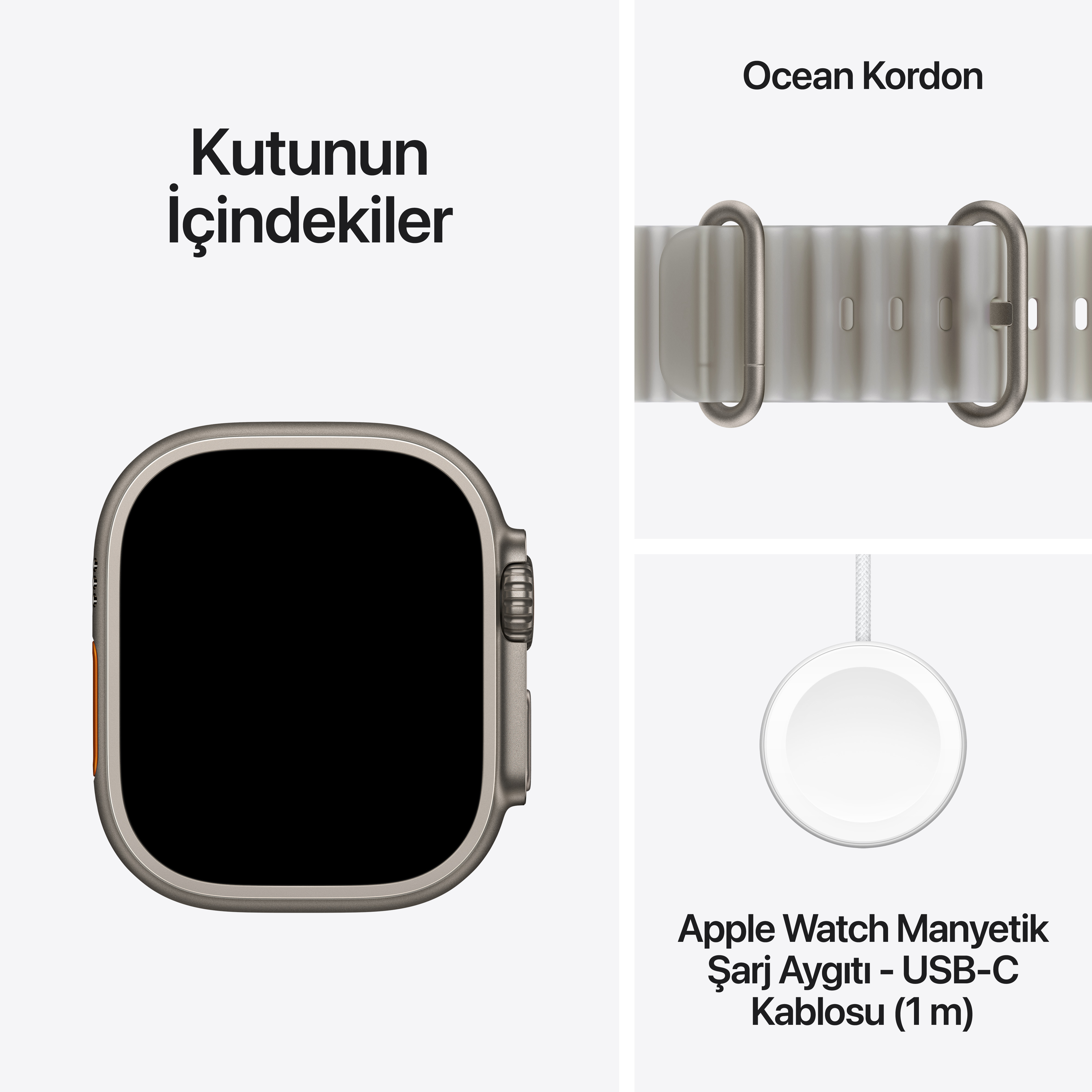 Kutunun içindekiler: Apple Watch, Ocean Kordon ve Manyetik Şarj Aygıtı - USB-C Kablosu.