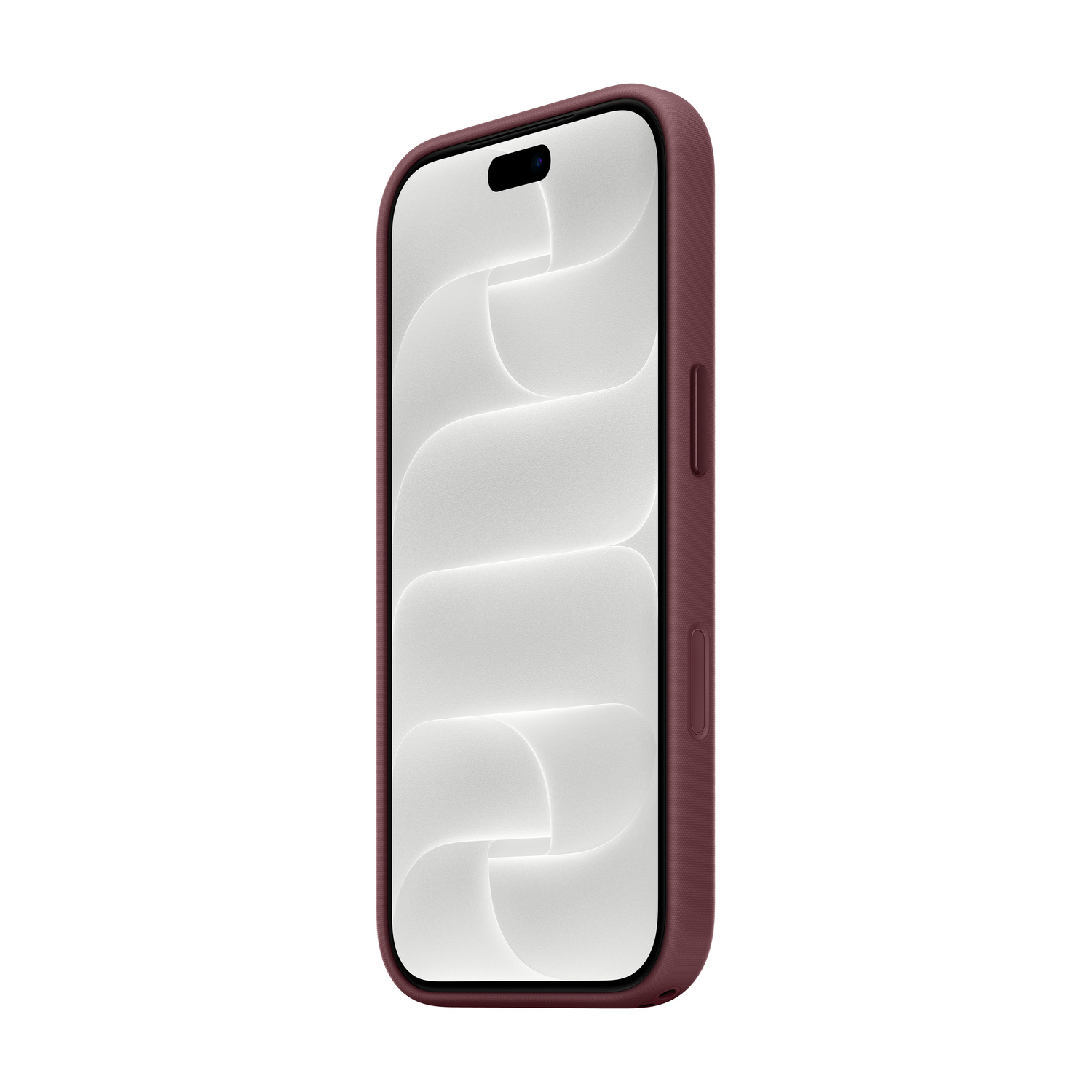 Uno smartphone in una custodia rosso scuro con un motivo bianco ondulato sullo schermo.