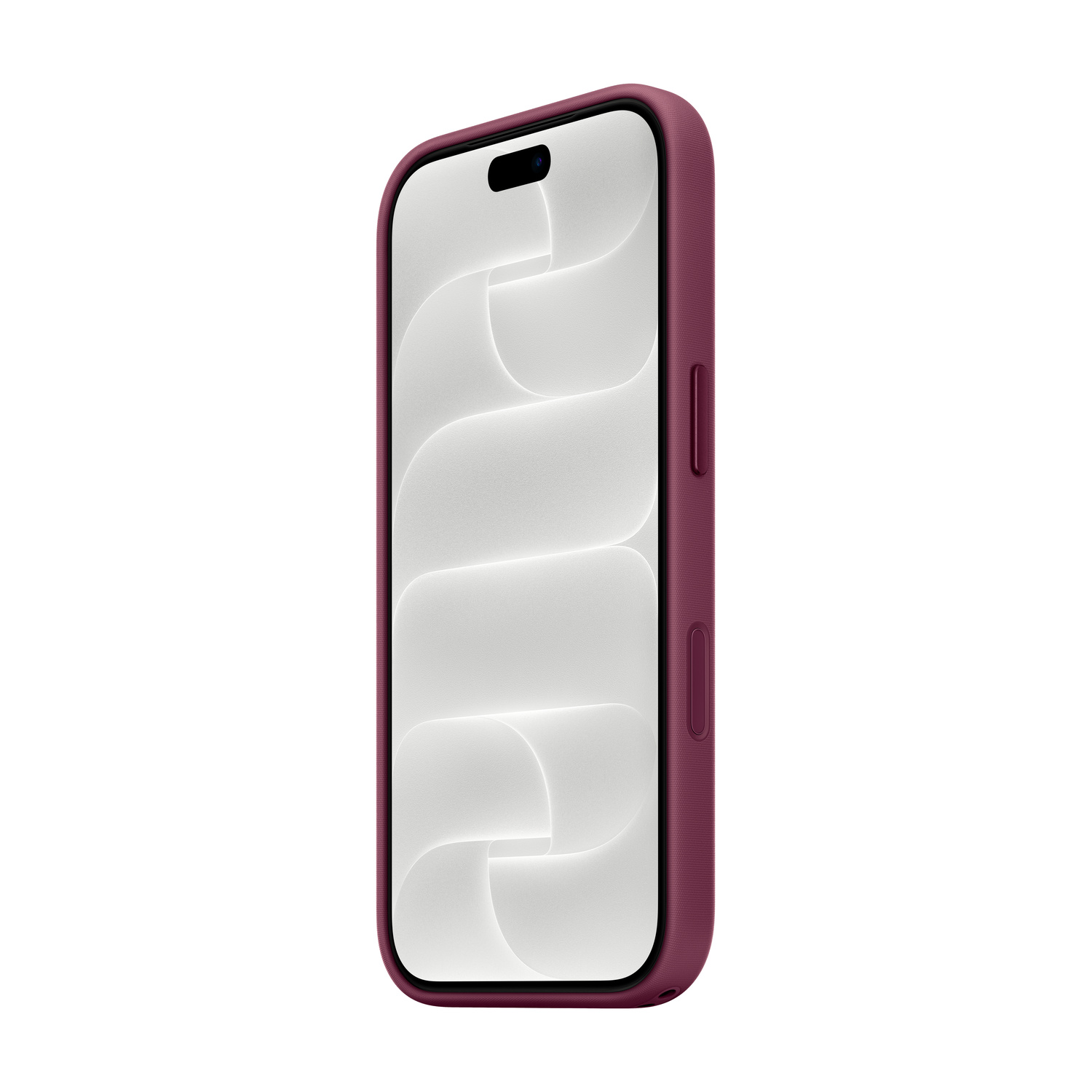 Uno smartphone con custodia protettiva bordeaux e uno sfondo astratto bianco sullo schermo, su sfondo bianco.