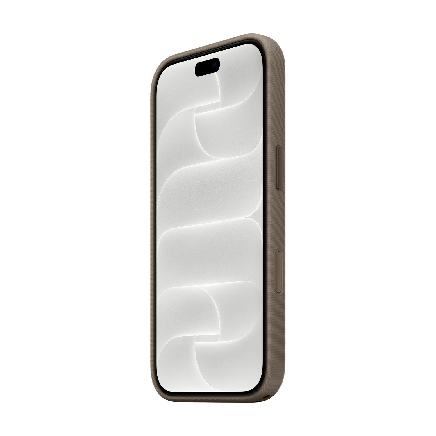 Uno smartphone in custodia marrone con sfondo bianco testurizzato astratto, visto da un'angolazione frontale.