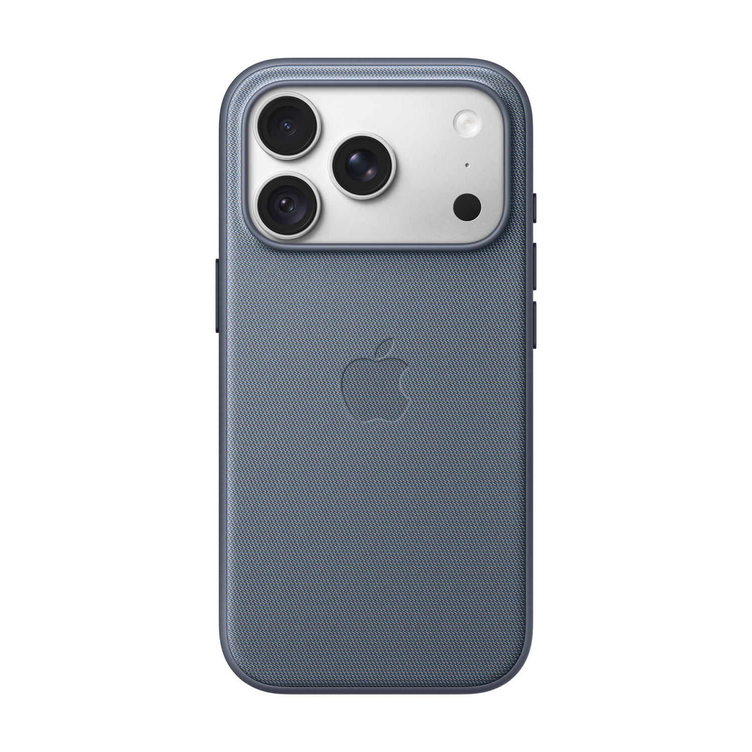 Retro di uno smartphone in custodia di tessuto blu con tre fotocamere e logo Apple.