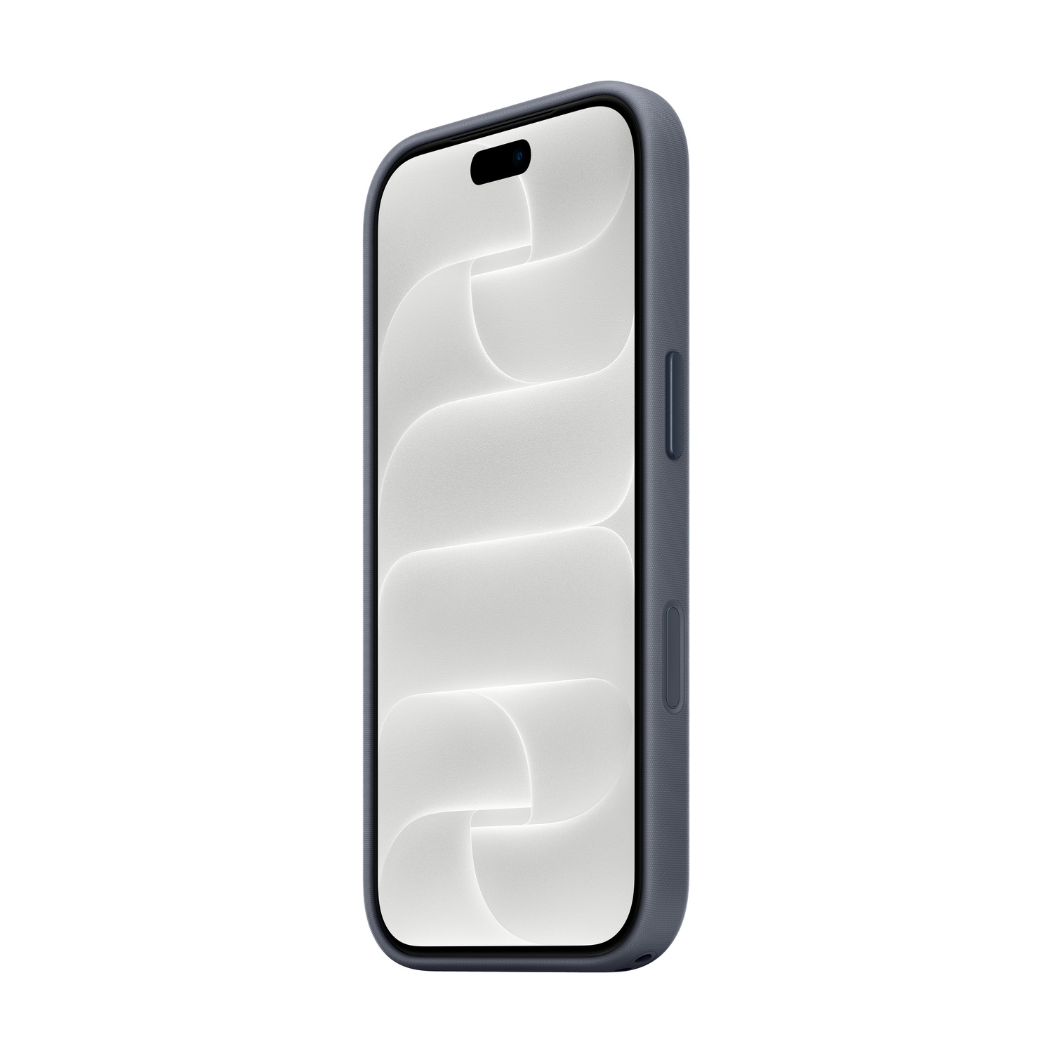Smartphone in una custodia protettiva blu scuro con uno sfondo dello schermo chiaro e strutturato.