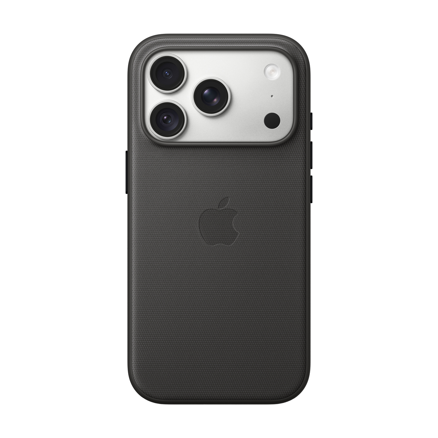 Smartphone nero con cover testurizzata, con tripla fotocamera posteriore argentata e logo Apple.
