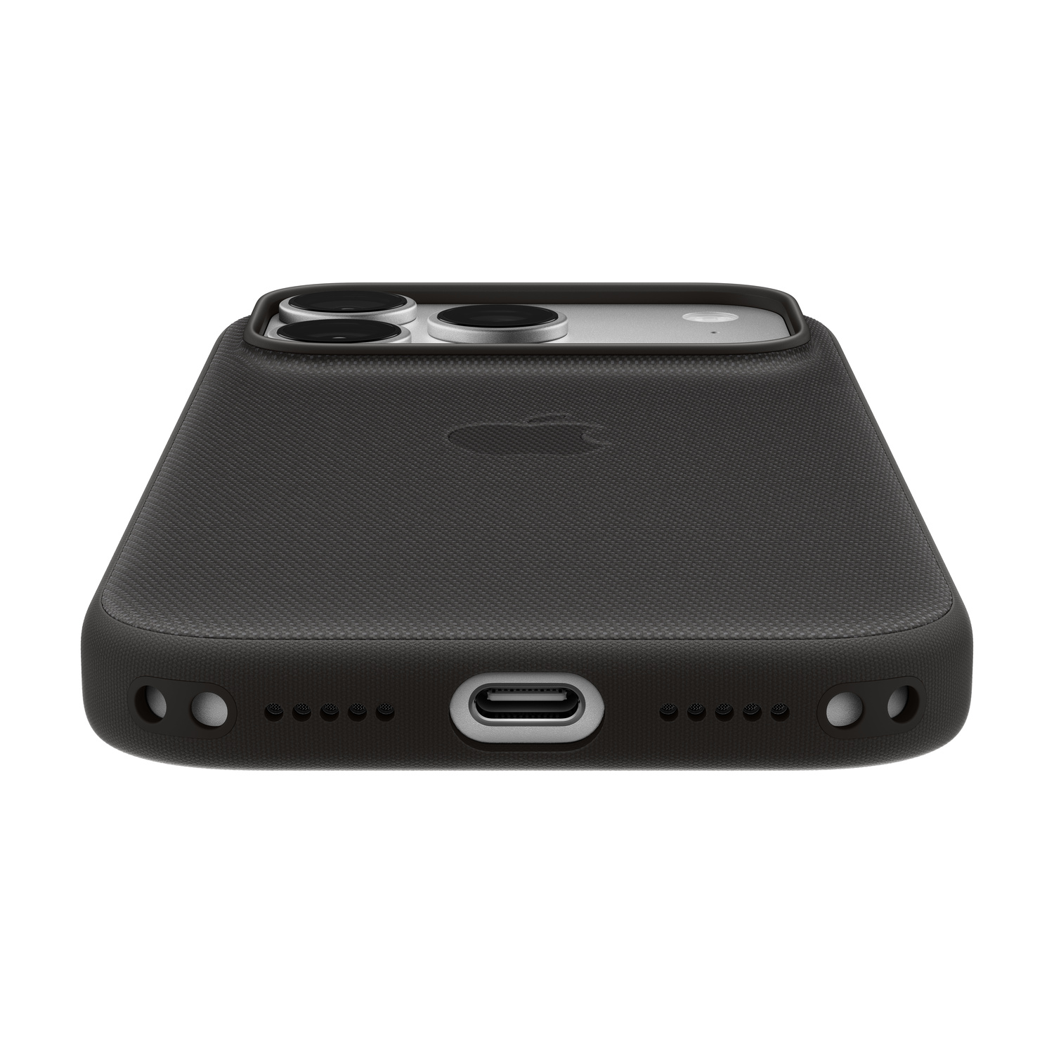 Retro di un iPhone nero con custodia protettiva, porta USB-C e fotocamera.
