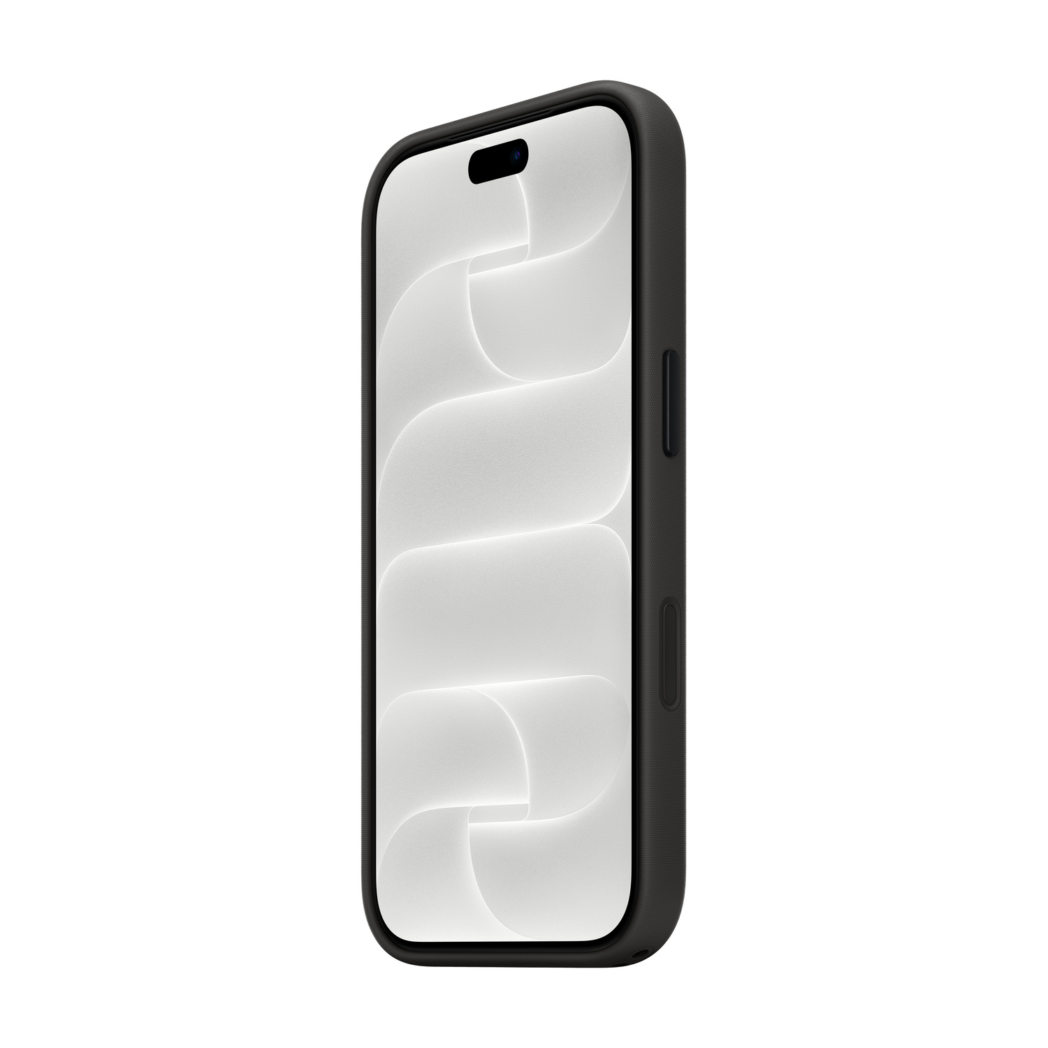 Uno smartphone con bordo nero e sfondo con motivo bianco sul display su sfondo bianco.