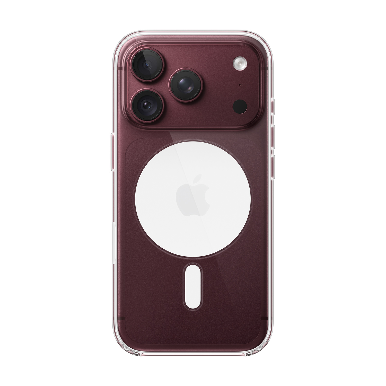 Retro di uno smartphone rosso con tripla fotocamera e custodia MagSafe trasparente.