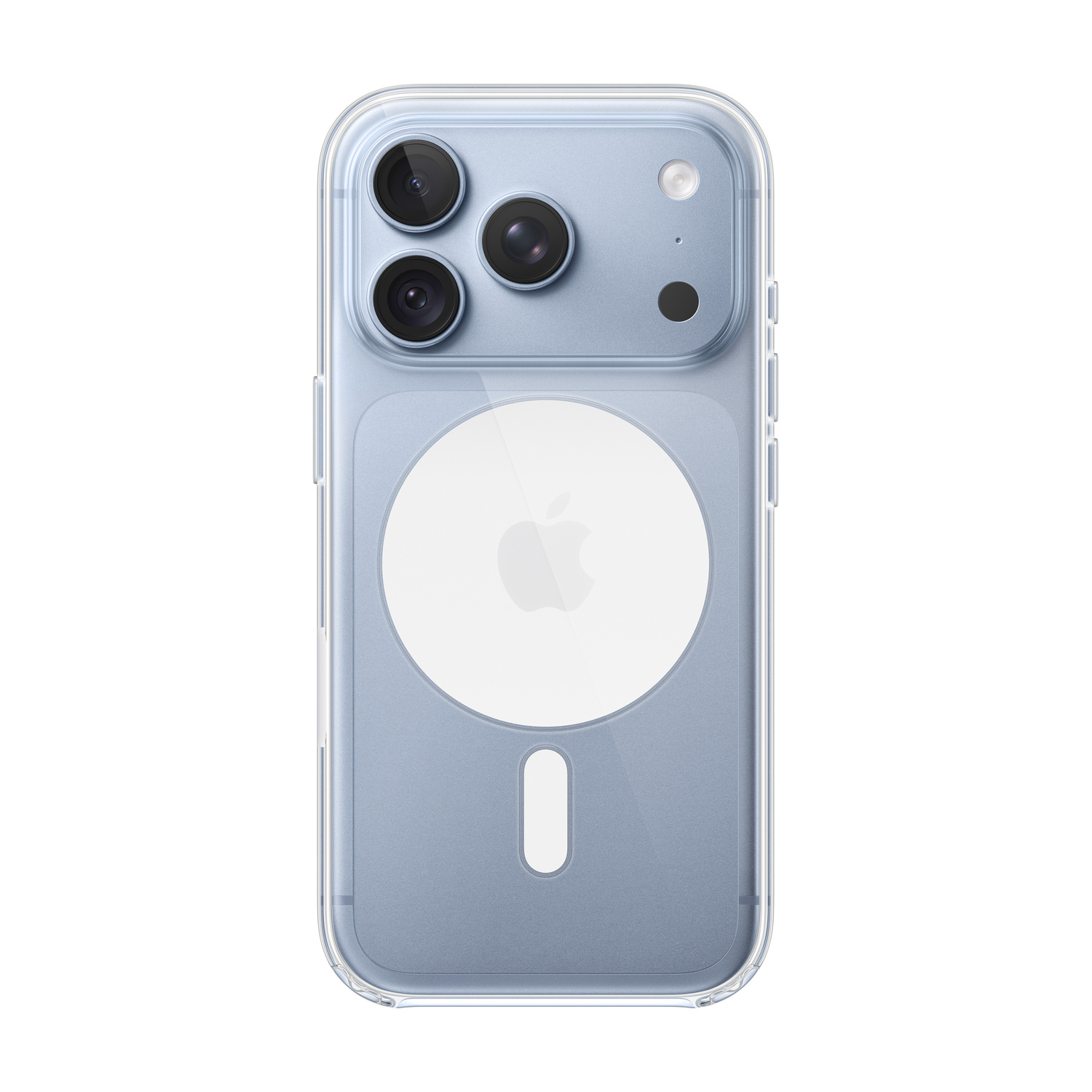 Retro di uno smartphone azzurro in custodia trasparente con tre fotocamere e logo MagSafe.
