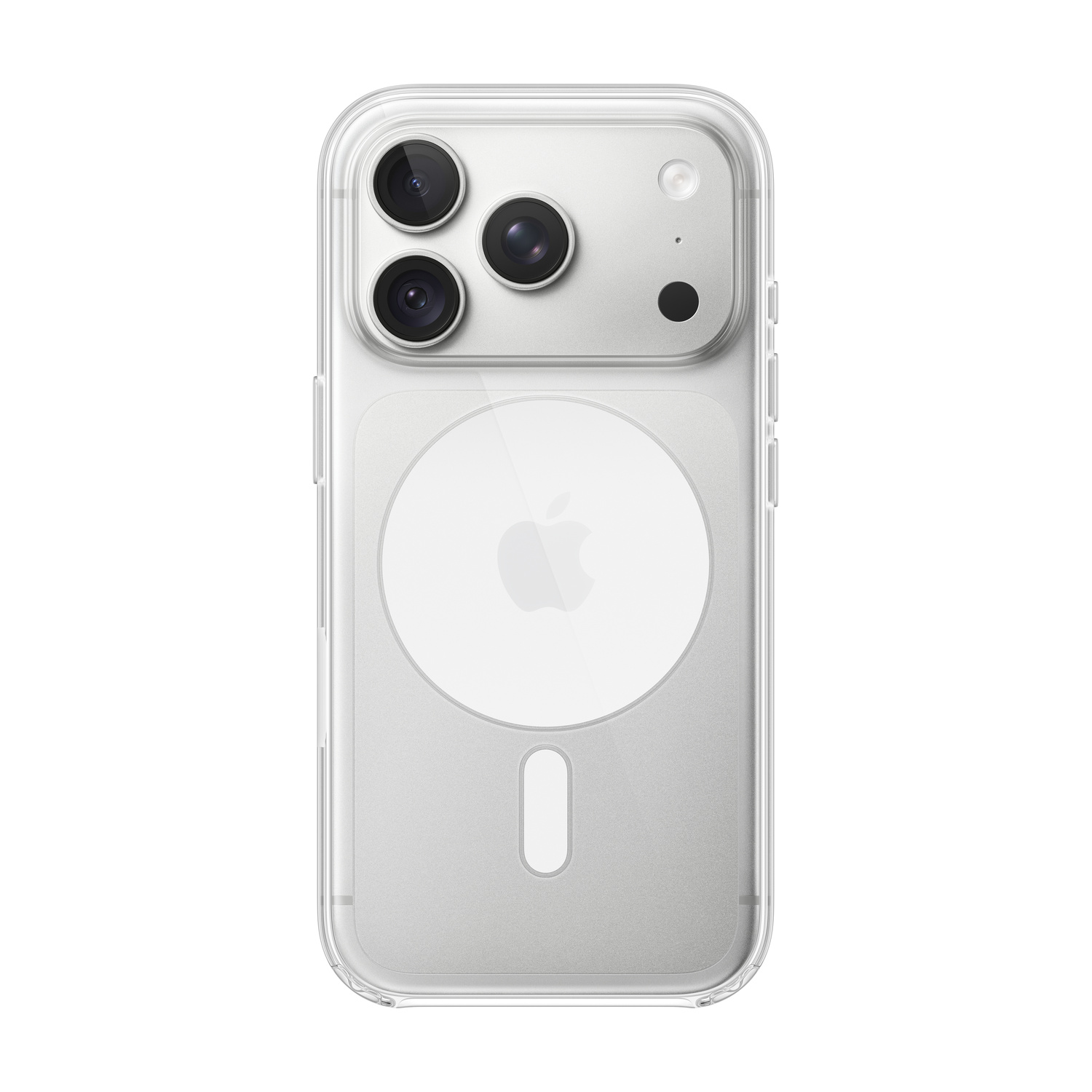 Uno smartphone in una cover trasparente, mostra il retro con tre fotocamere e il logo Apple.