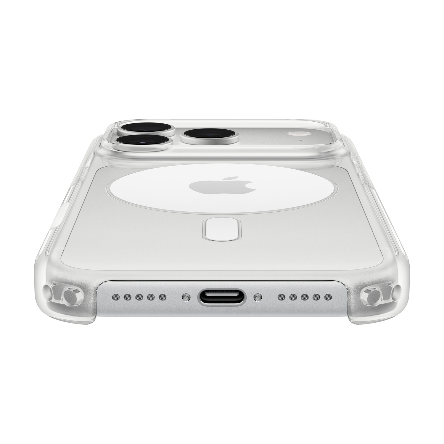 Vista posteriore di un iPhone in una custodia protettiva trasparente con anello MagSafe, visto dal basso.