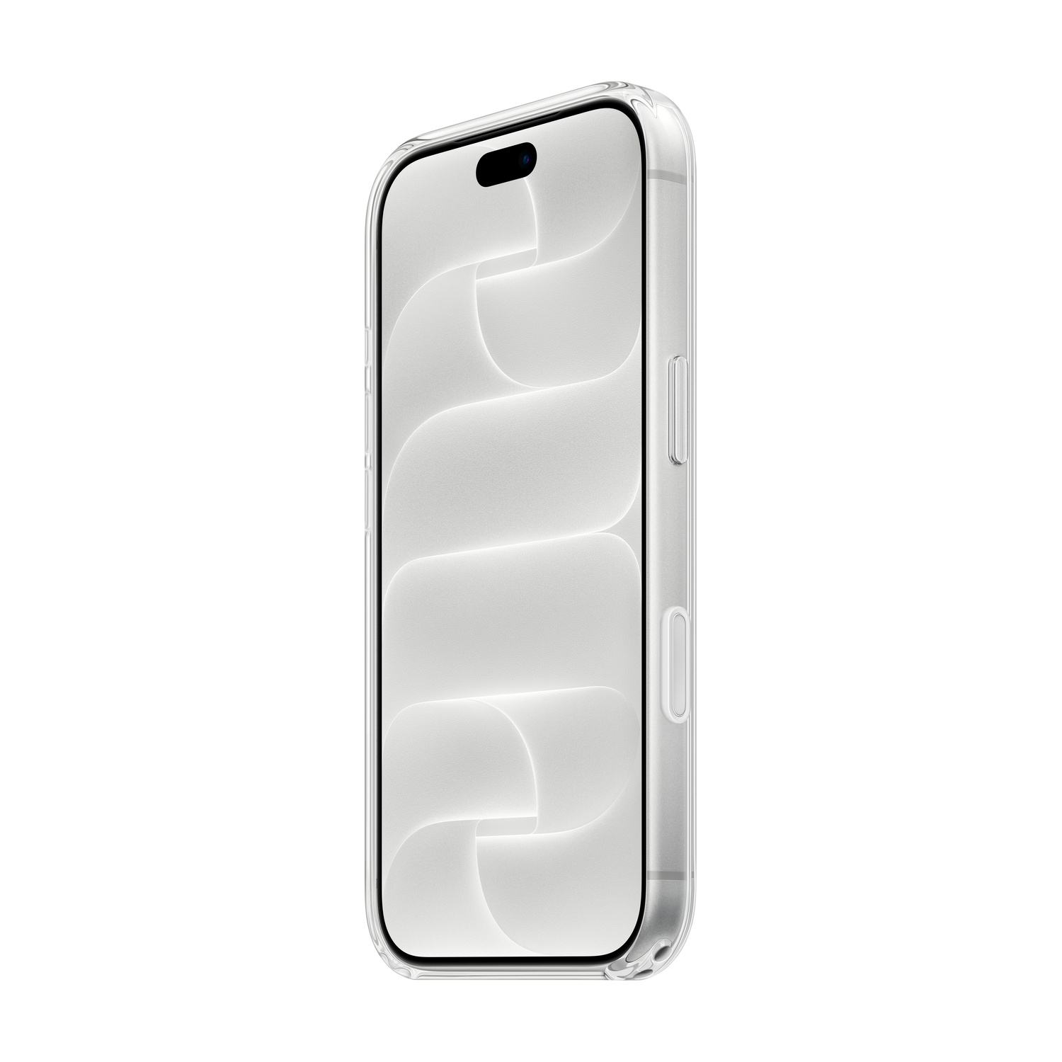 Uno smartphone in una custodia protettiva trasparente con sfondo astratto bianco.