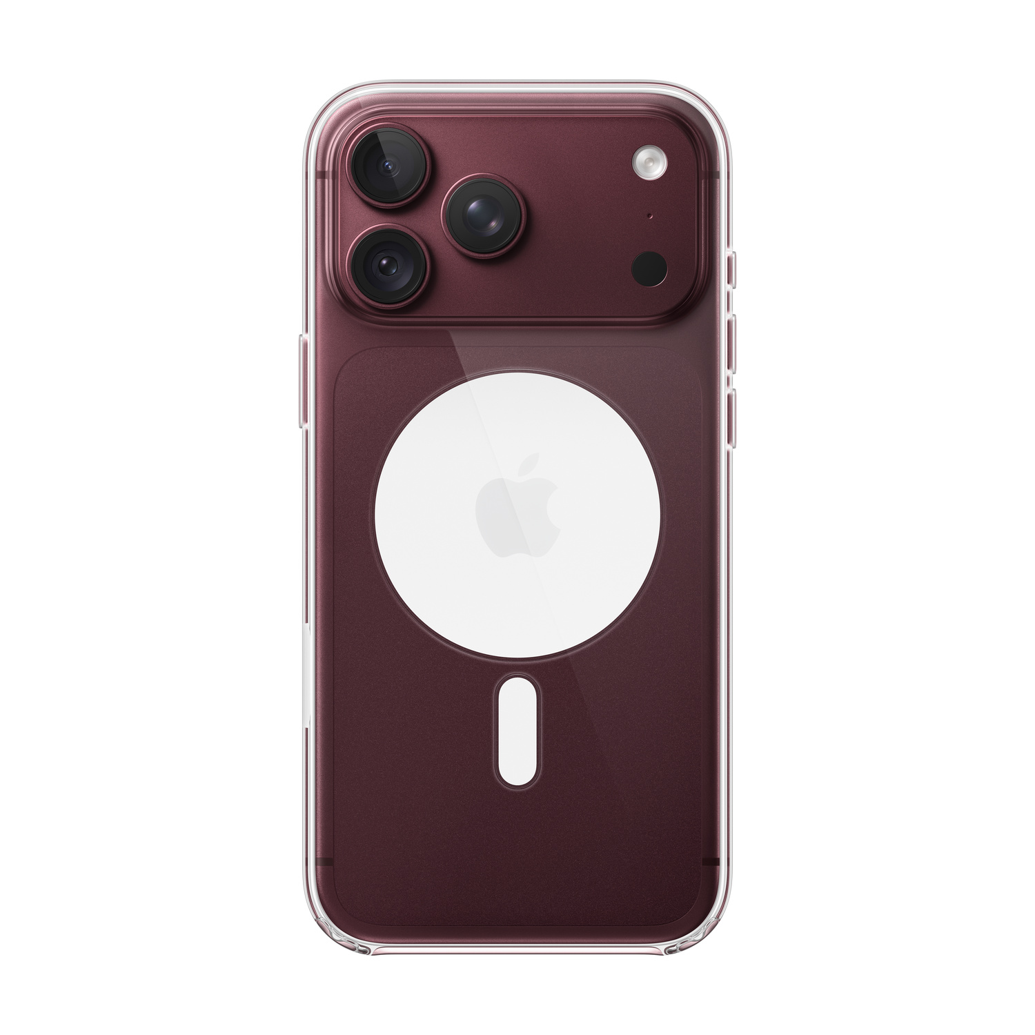 Retro di uno smartphone rosso con cover trasparente, tre fotocamere e anello di ricarica circolare.