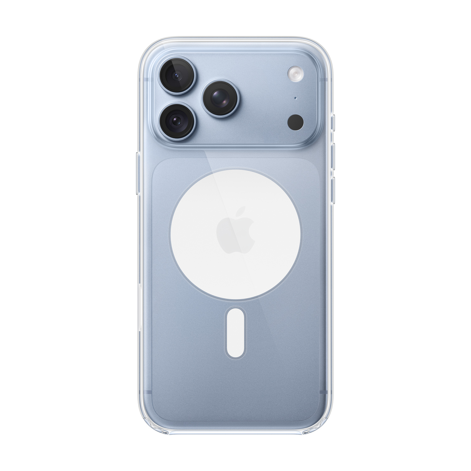 Il retro di un iPhone azzurro in una custodia trasparente, con tre fotocamere e cerchio MagSafe.