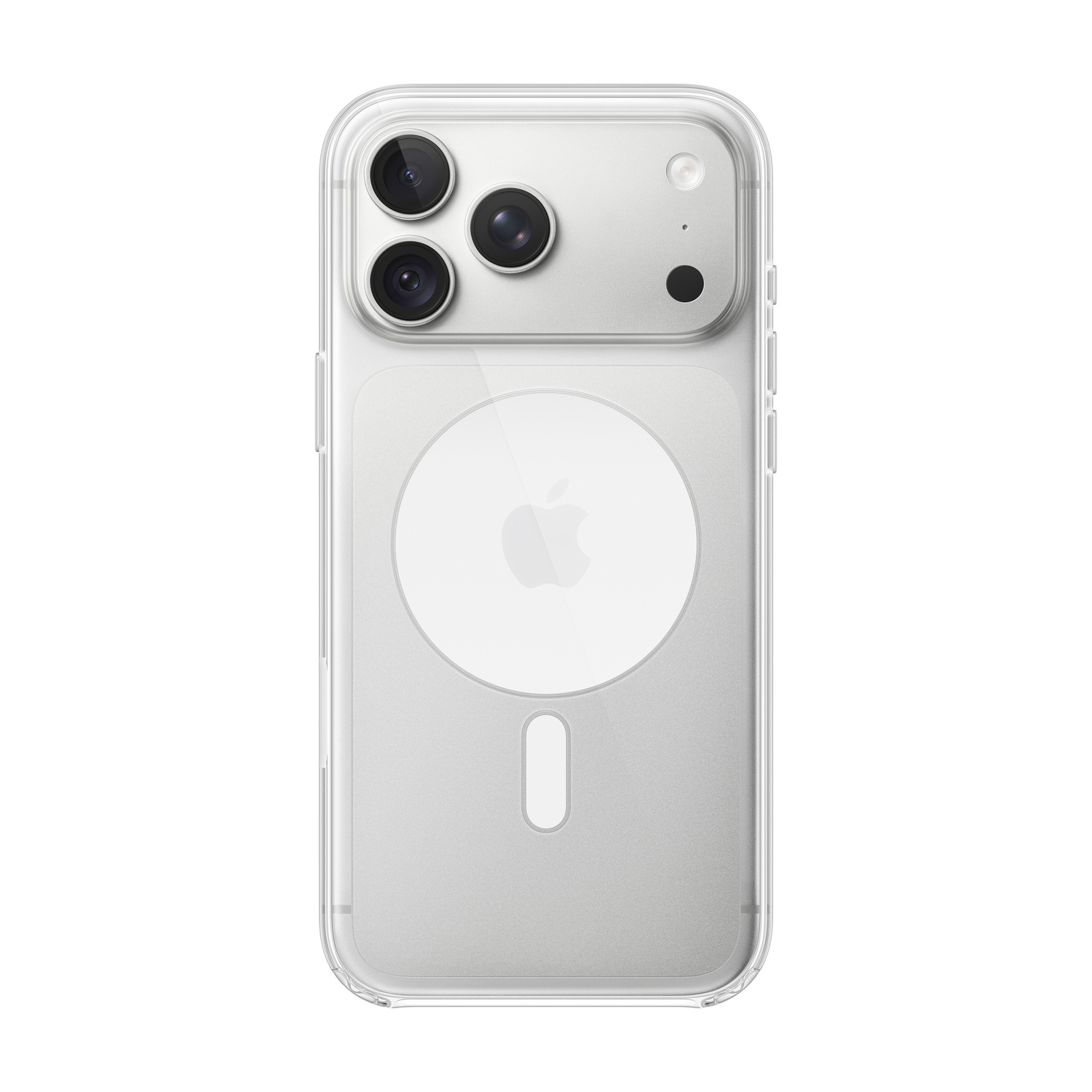 Retro di uno smartphone in custodia protettiva trasparente con anello MagSafe e tre fotocamere in alto.