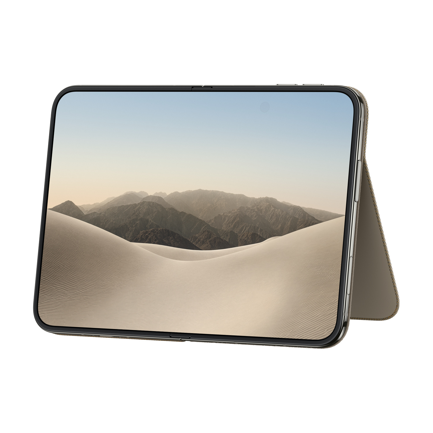 Un tablet con custodia di supporto e uno sfondo di montagna e deserto.