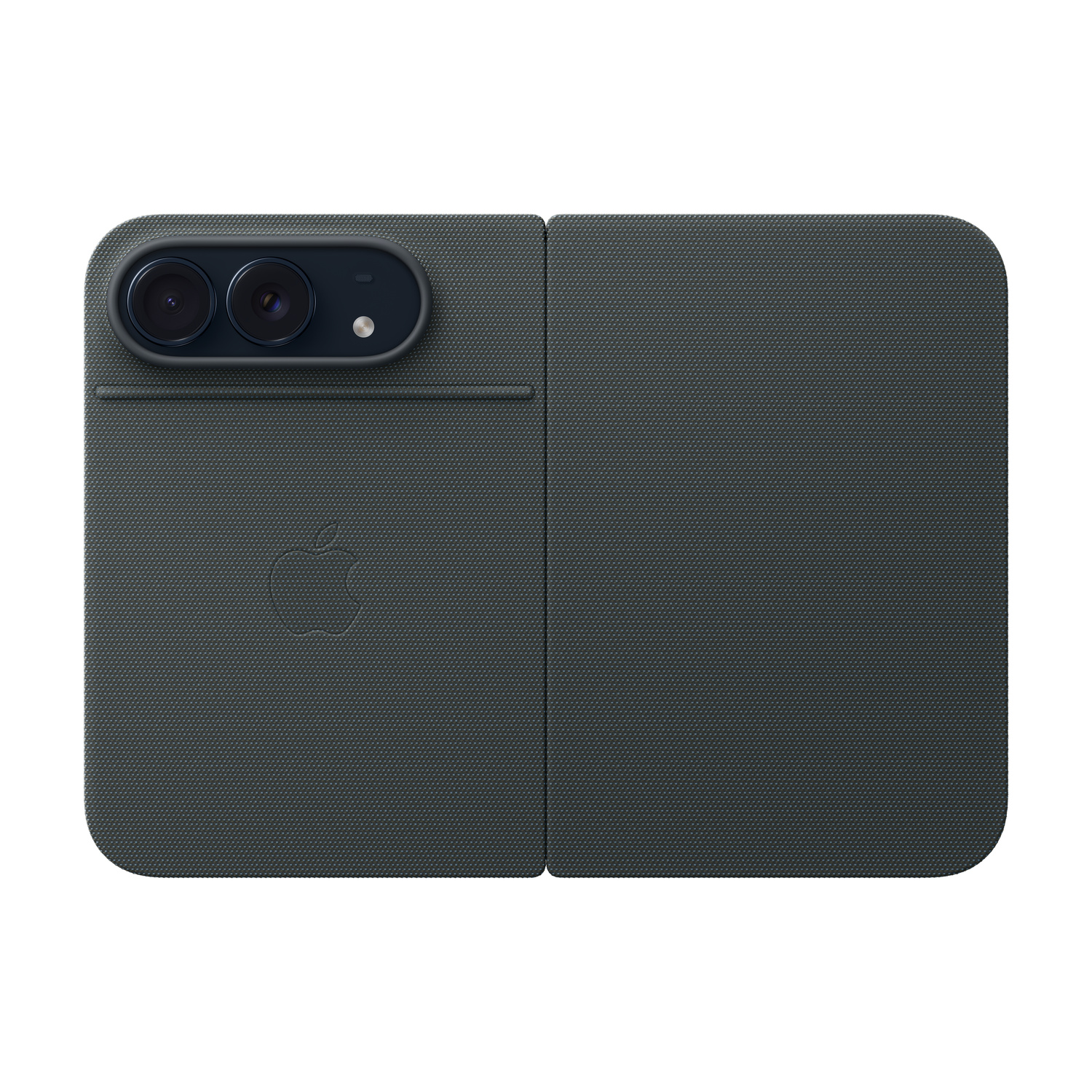 Custodia protettiva grigia con modulo fotocamera integrato e logo Apple.