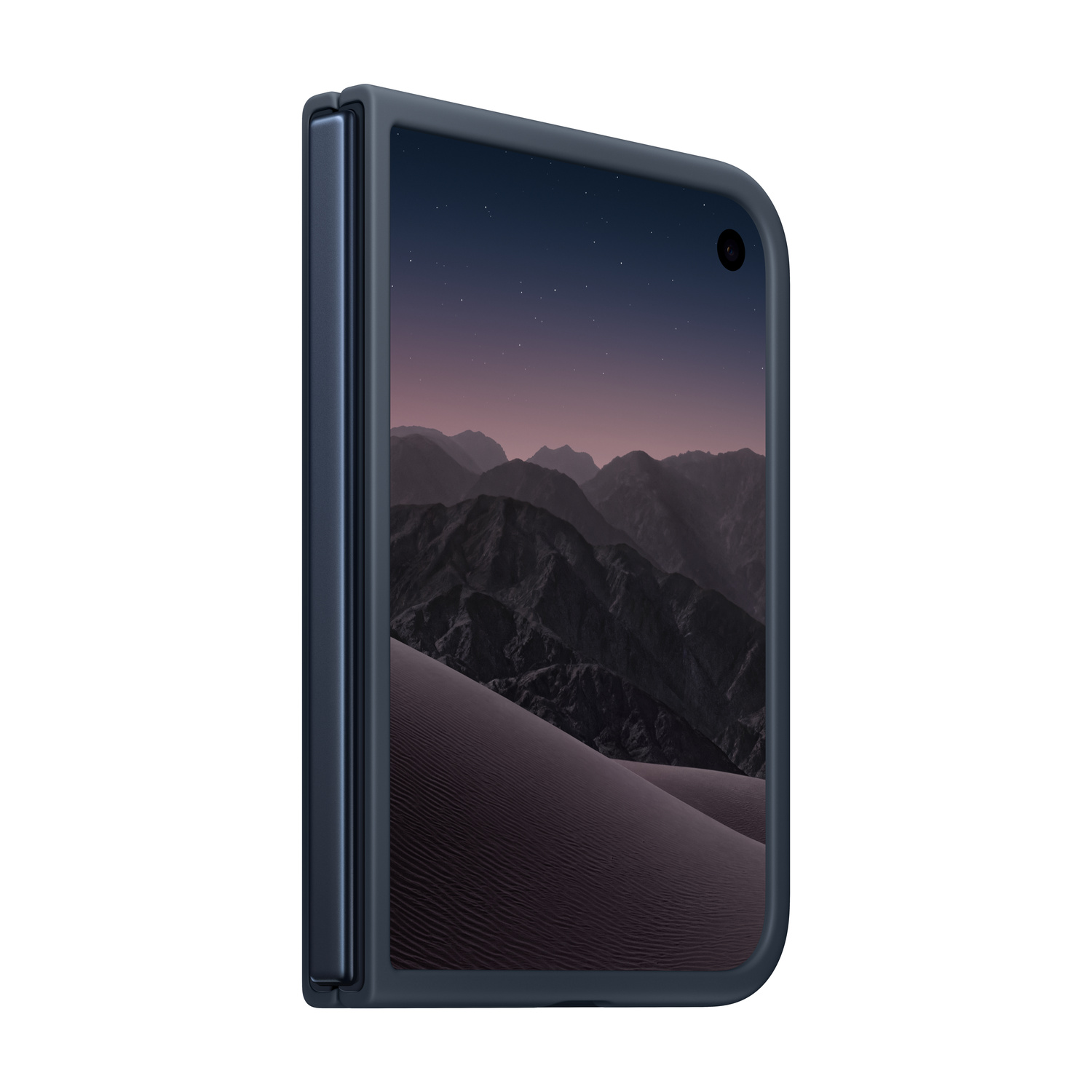 Uno smartphone pieghevole blu chiuso con uno sfondo di montagne e dune di sabbia.