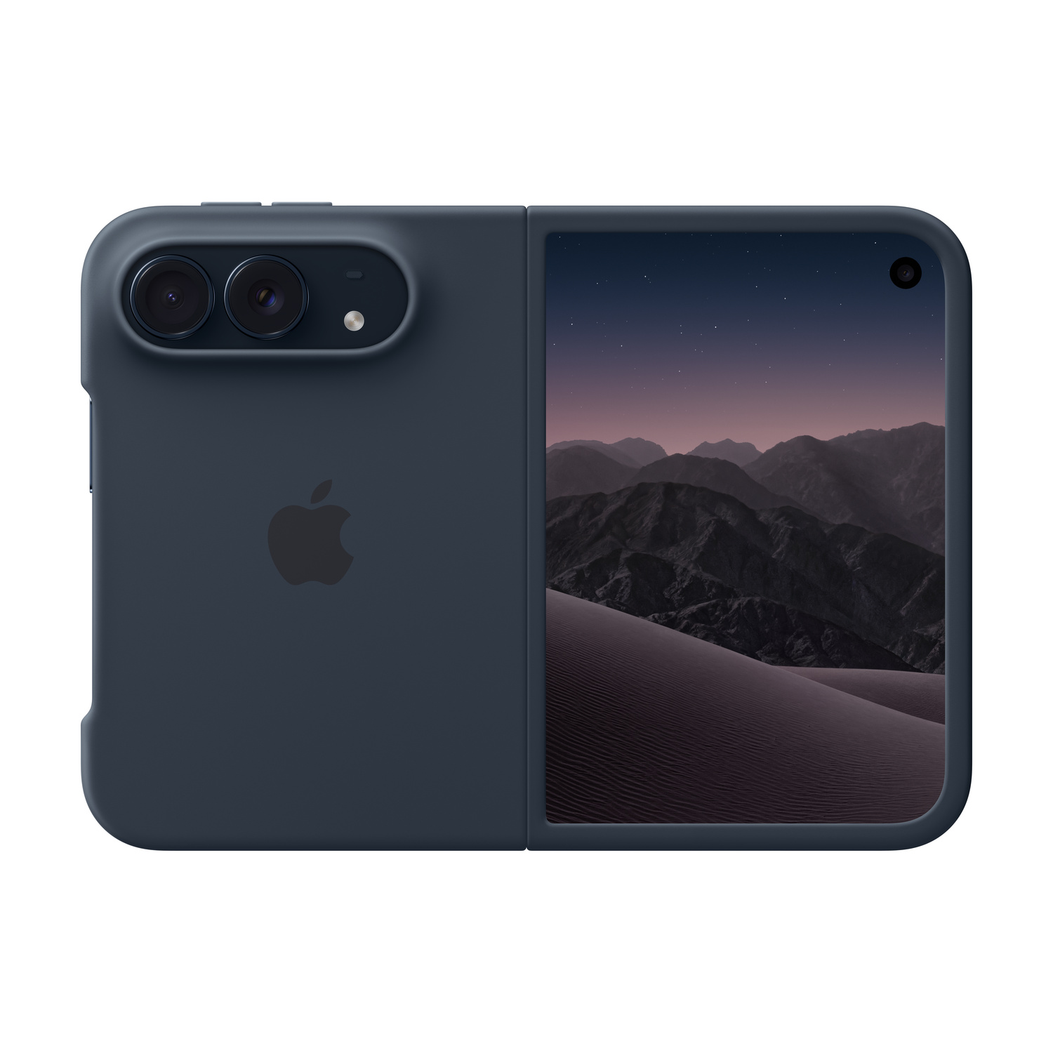 Uno smartphone pieghevole grigio scuro con logo Apple e fotocamera sul retro e un paesaggio sullo schermo.