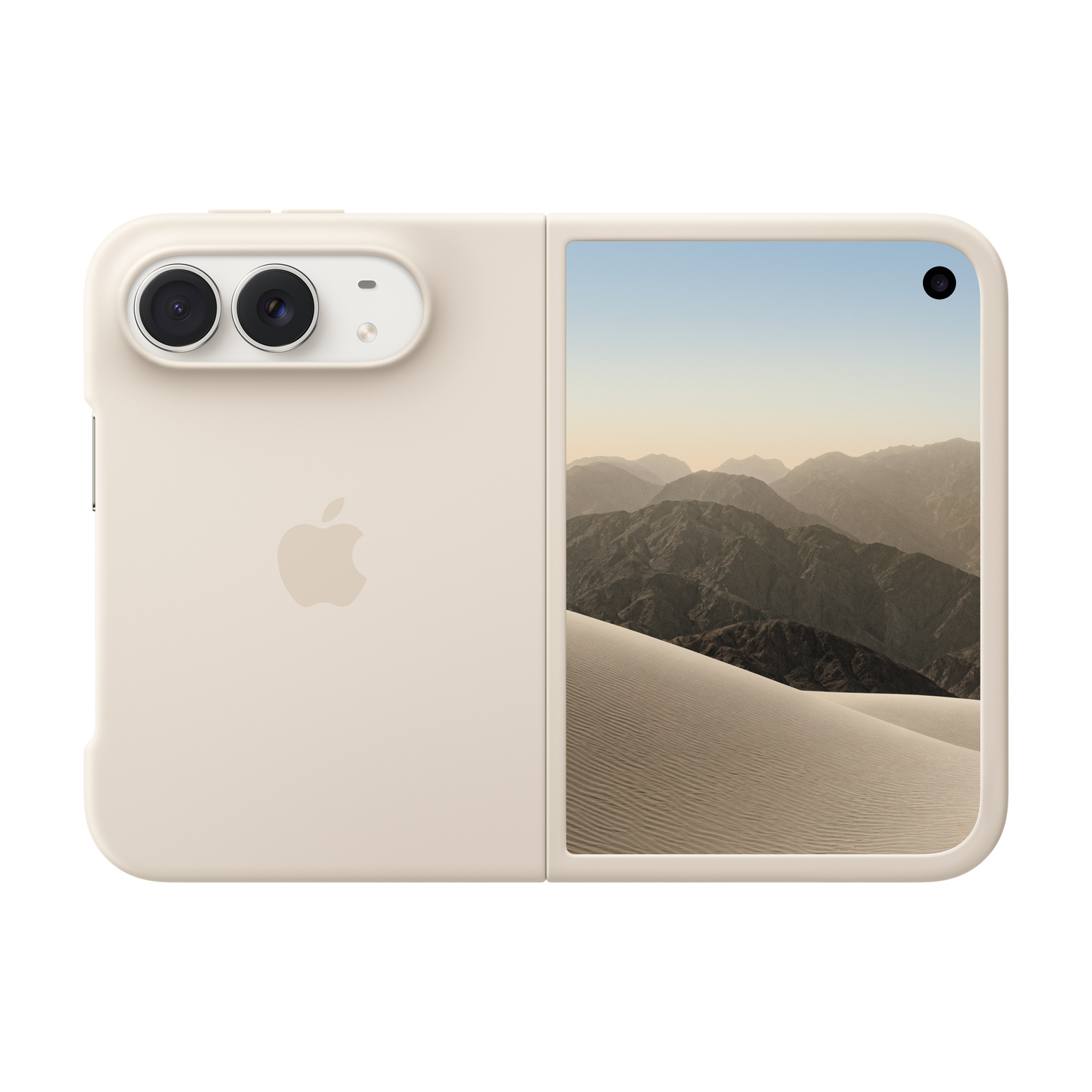 iPhone pieghevole beige con doppia fotocamera e sfondo di montagna.