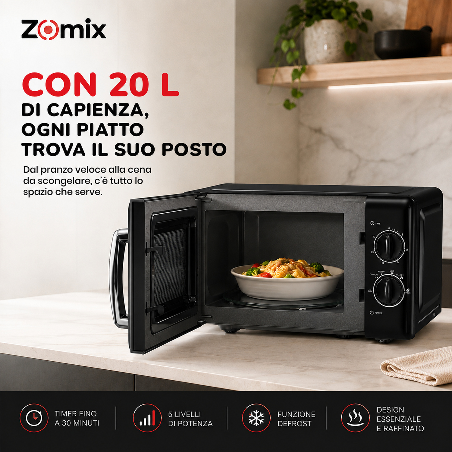 Microonde nero da 20L con porta aperta, un piatto di cibo all'interno e testo promozionale.