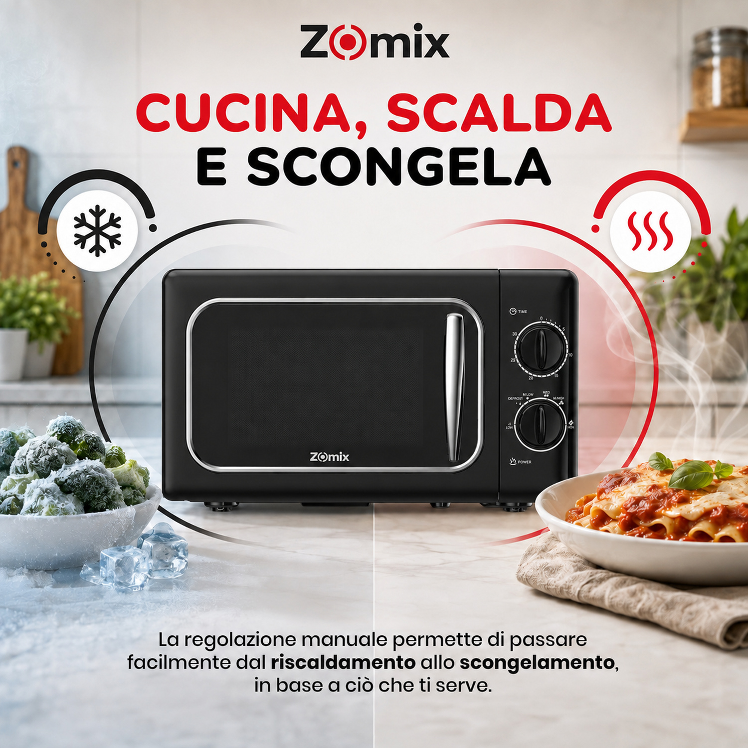 Microonde nero Zomix su un piano di lavoro, con verdure surgelate a sinistra e lasagna calda a destra.