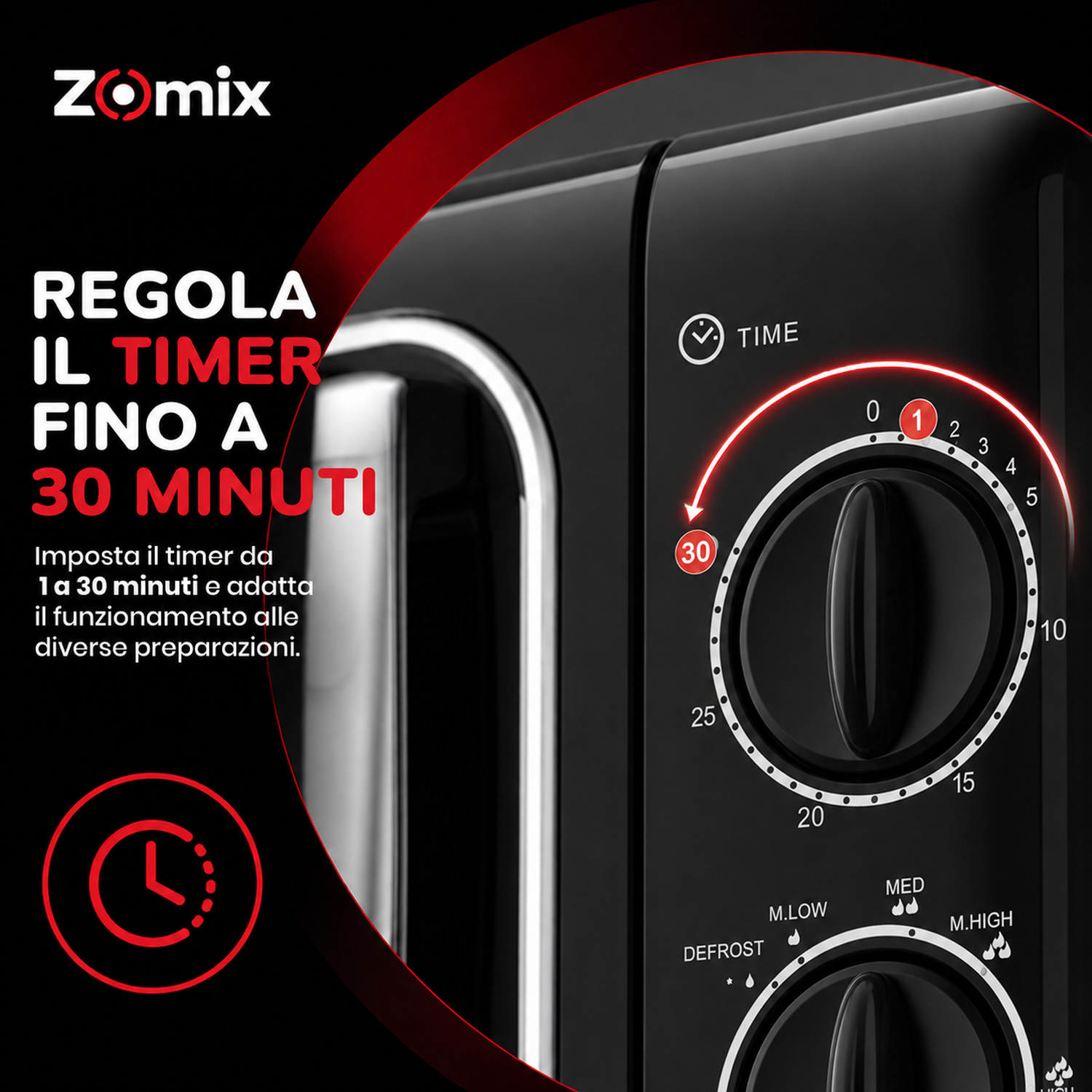 Primo piano del pannello di controllo di un microonde nero con timer e testo.