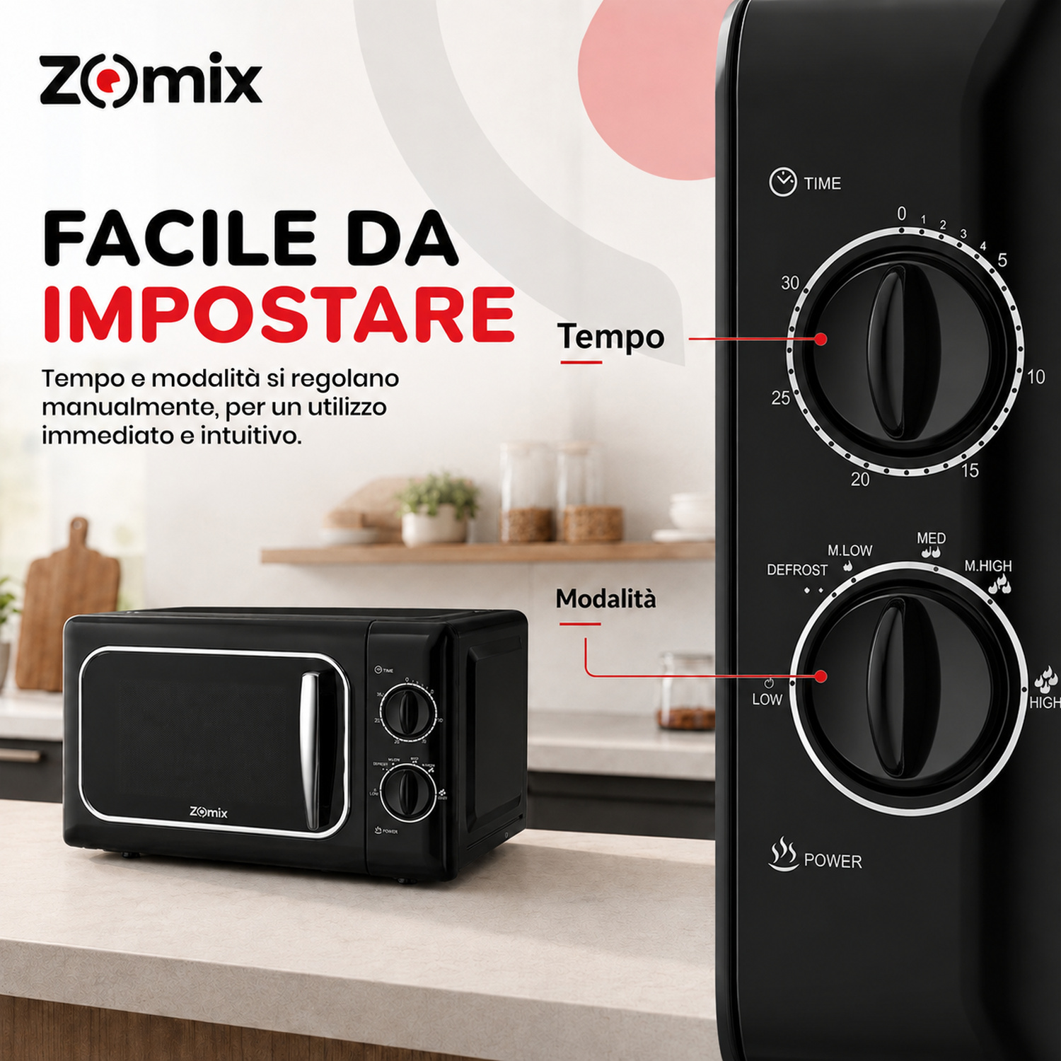 Un microonde Zomix nero su un piano cucina con primo piano delle manopole manuali di tempo e potenza.