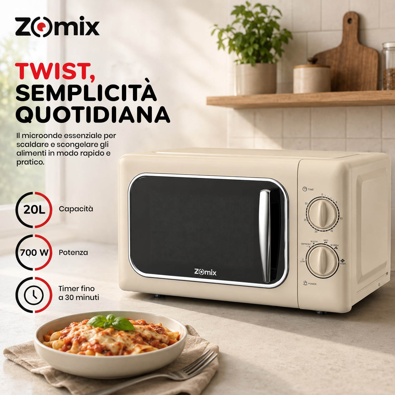 Microonde Zomix beige sul piano di lavoro con una ciotola di pasta e testo promozionale.