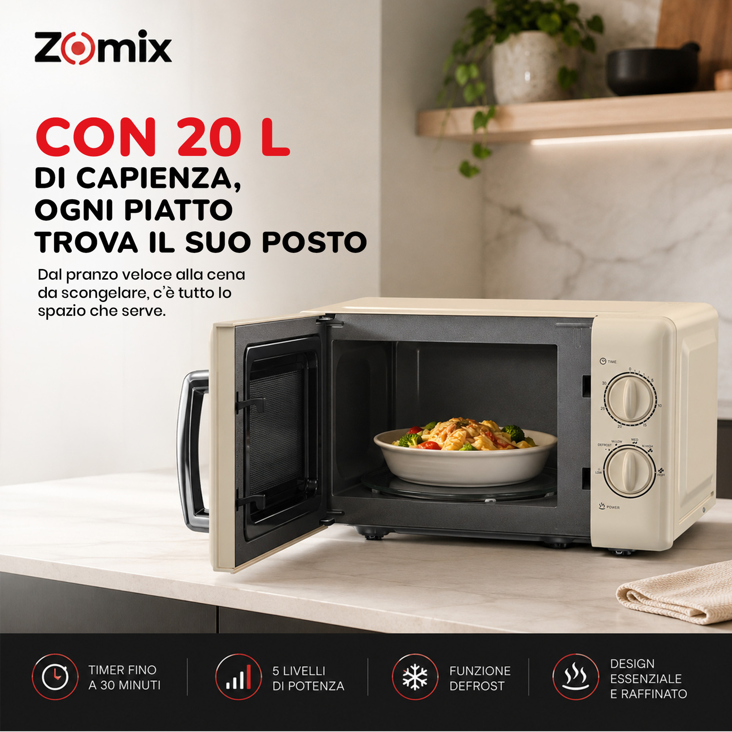Microonde beige su piano cucina con sportello aperto e piatto di pasta all'interno.