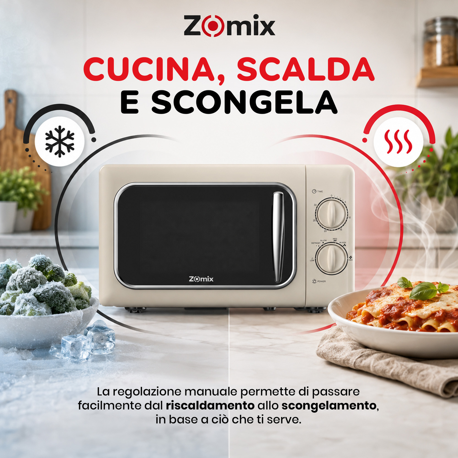 Microonde beige Zomix su piano in marmo con broccoli surgelati a sinistra e lasagne calde a destra.