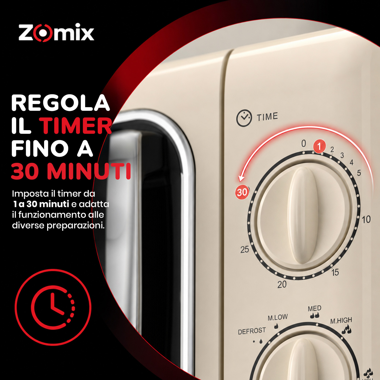Microonde beige con manopola del timer, logo Zomix e testo in italiano.