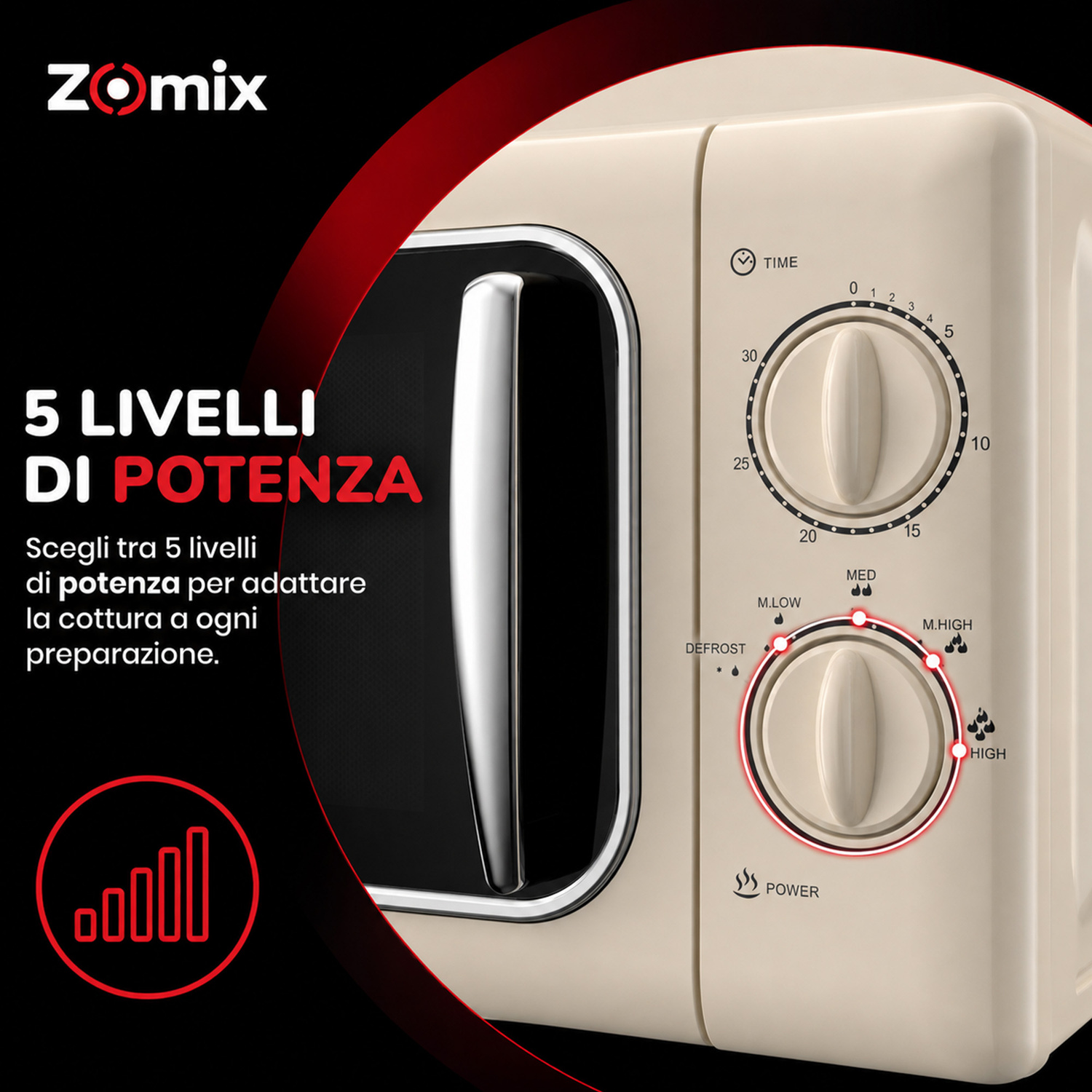 Microonde beige con manopole per tempo e potenza, logo Zomix e testo promozionale.