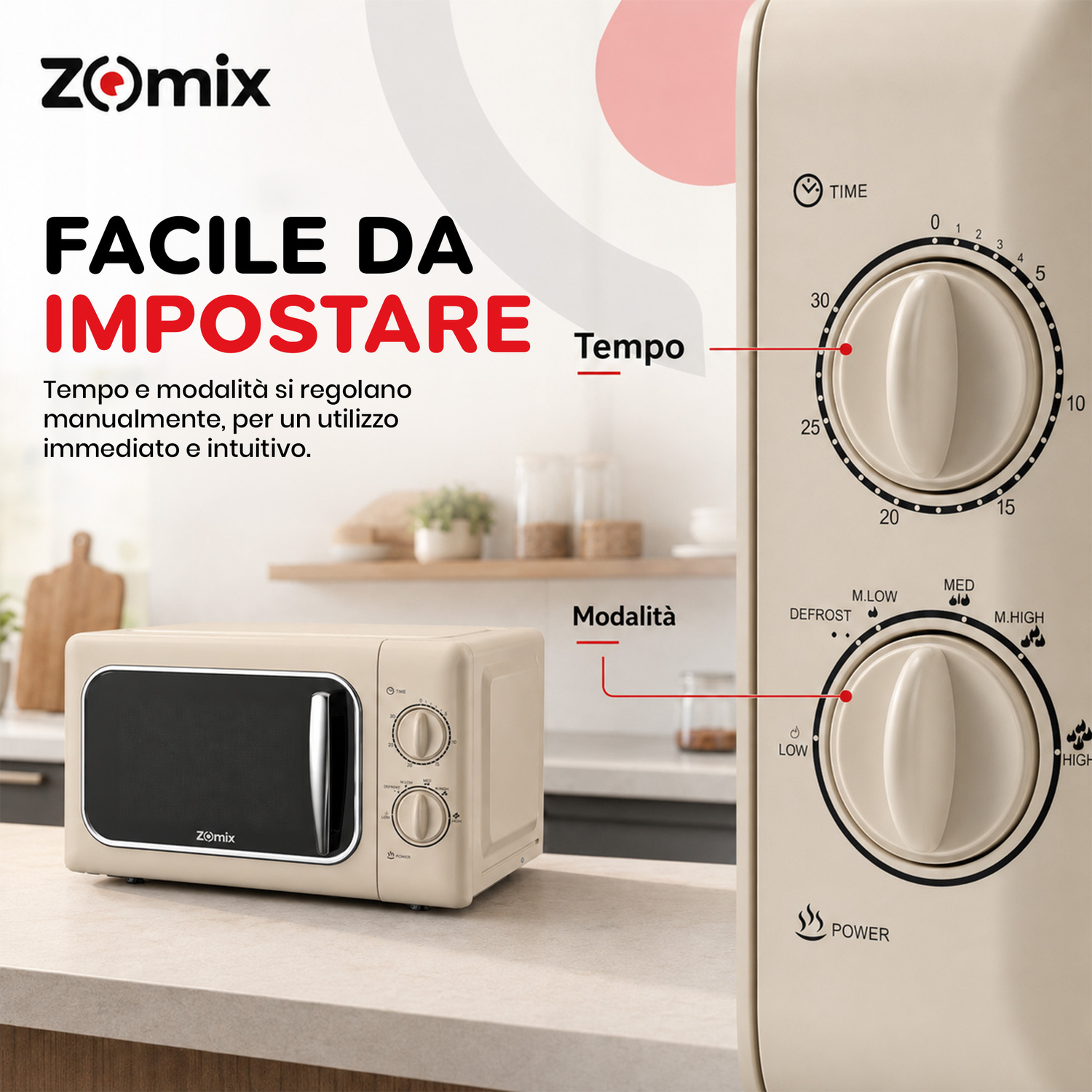 Microonde beige Zomix su piano cucina con primo piano delle manopole manuali.