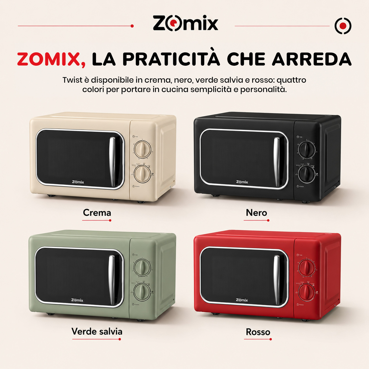 Quattro microonde Zomix crema, nero, verde salvia e rosso su sfondo chiaro.