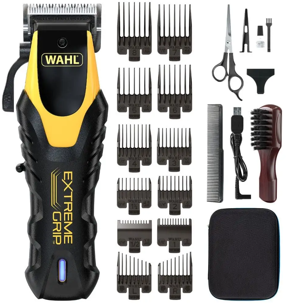 Wahl Extreme Grip Haarschneidemaschine mit Aufsätzen, Schere, Kamm, Reinigungsbürste, Öldöschen und Etui.