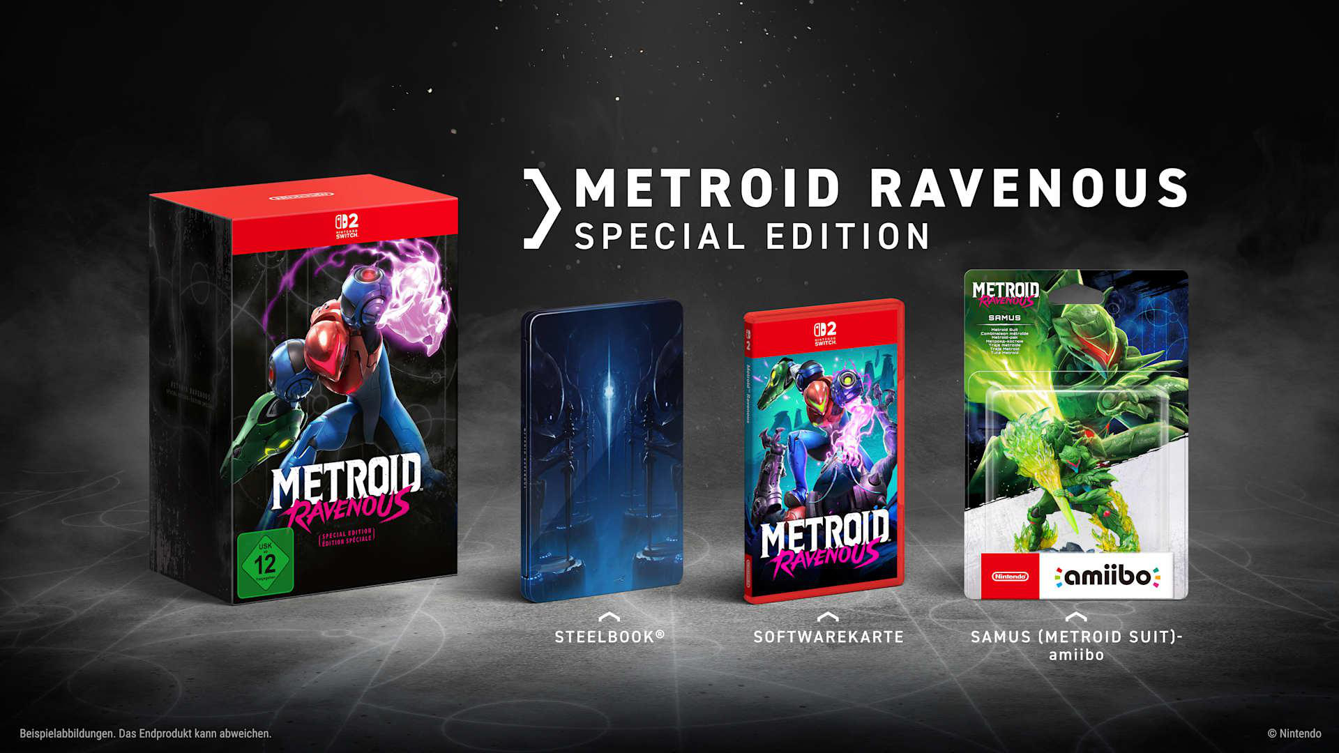 Metroid Ravenous Special Edition mit Box, Steelbook, Softwarekarte und Samus Amiibo vor dunklem Hintergrund.