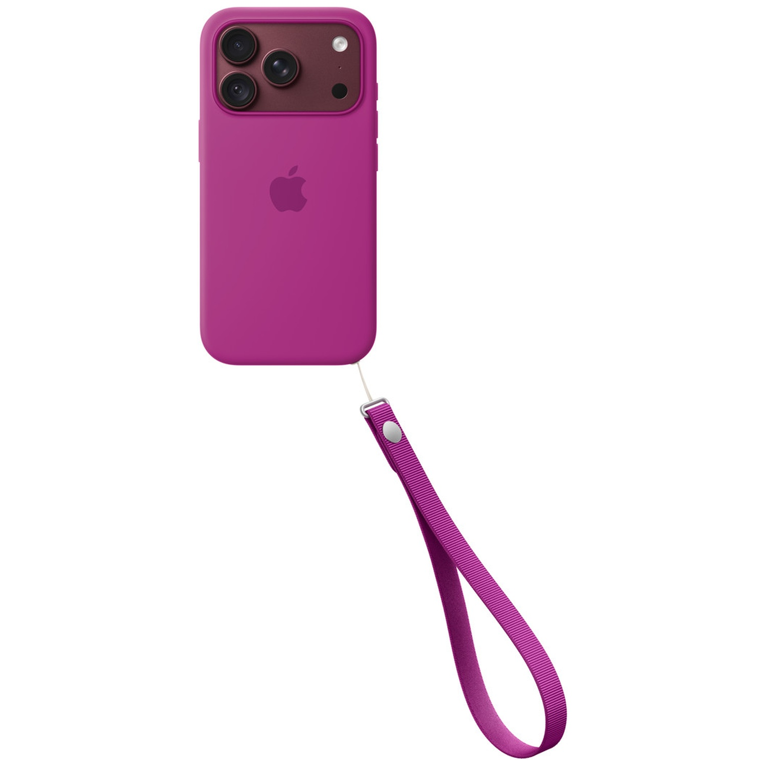 Un iPhone magenta dans une coque assortie avec une dragonne assortie.