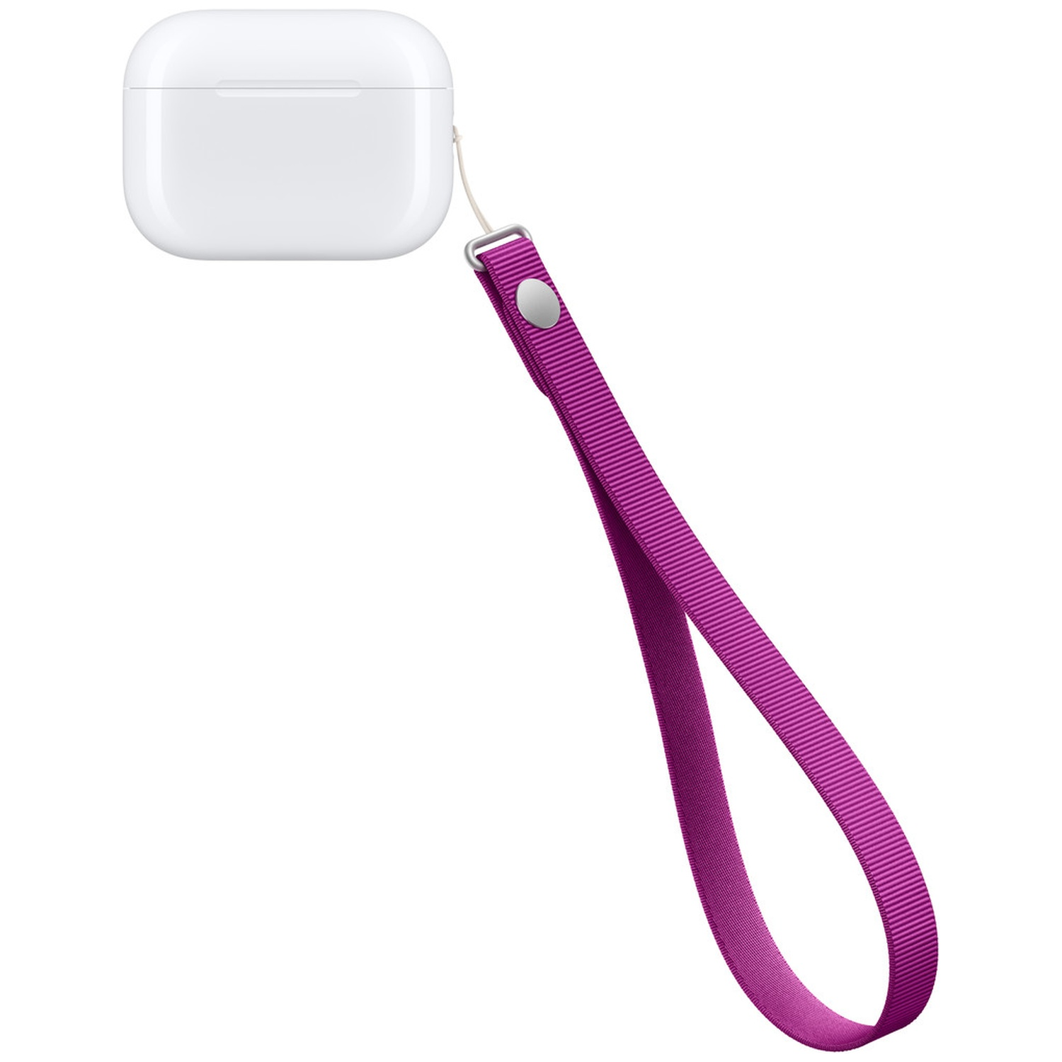 Un boîtier de charge blanc avec une longue dragonne magenta sur fond blanc.