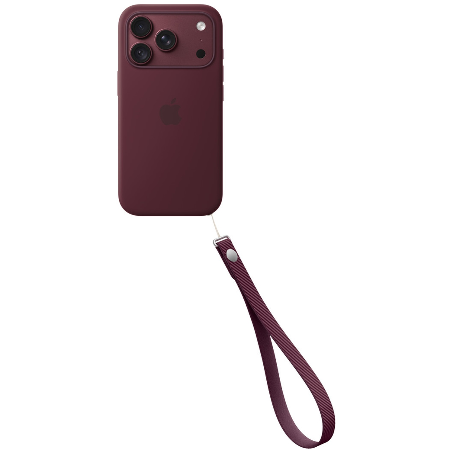 Coque pour iPhone rouge foncé avec logo Apple et dragonne assortie sur fond blanc.