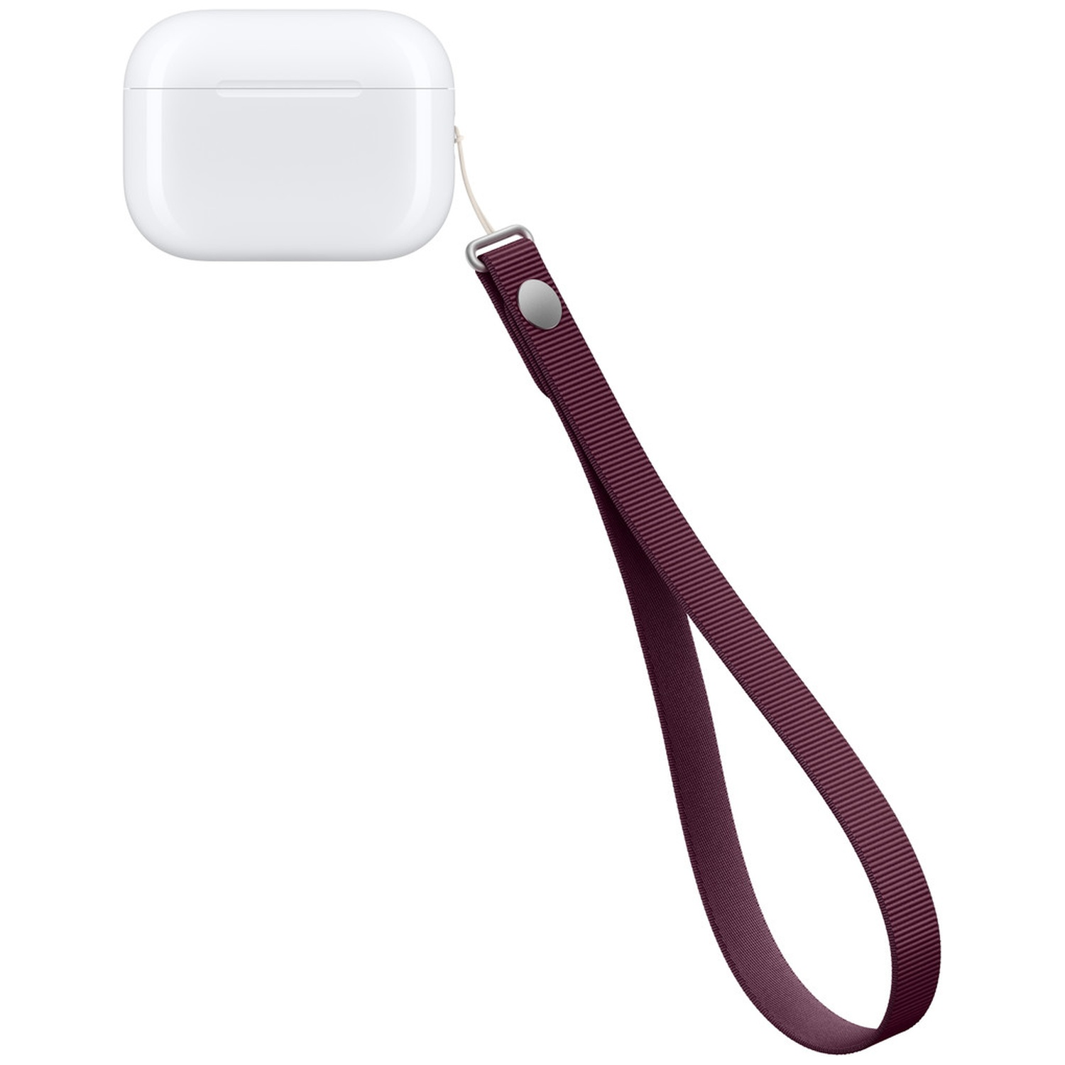 Boîtier de charge AirPods blanc avec une lanière de poignet rouge foncé attachée.