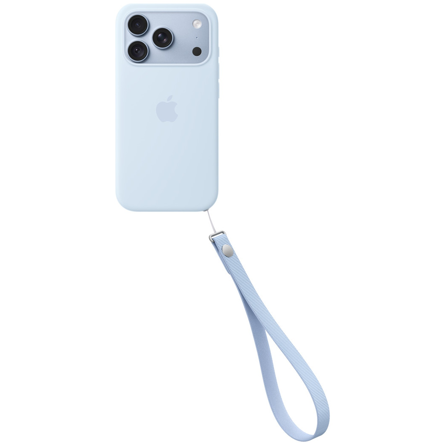 Coque de smartphone bleu clair avec logo Apple et dragonne assortie sur fond blanc.