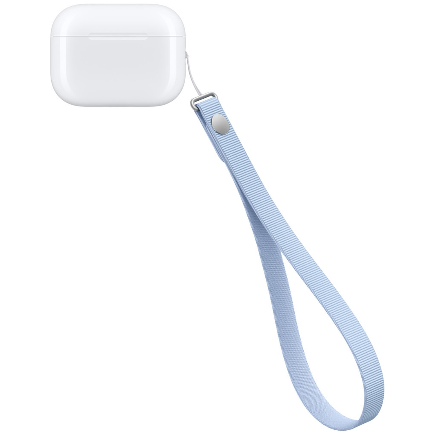 Un boîtier AirPods Pro blanc avec une lanière bleue claire sur fond blanc.