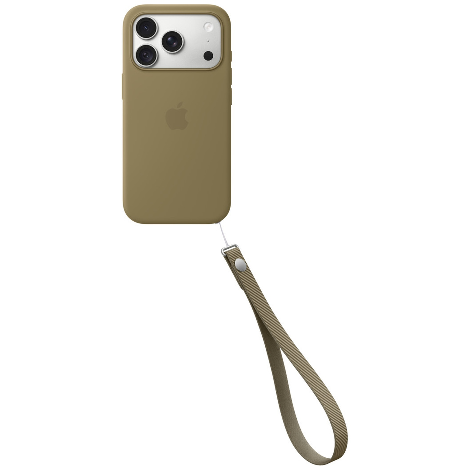 Un iPhone vert olive dans une coque de protection avec une dragonne assortie sur fond blanc.