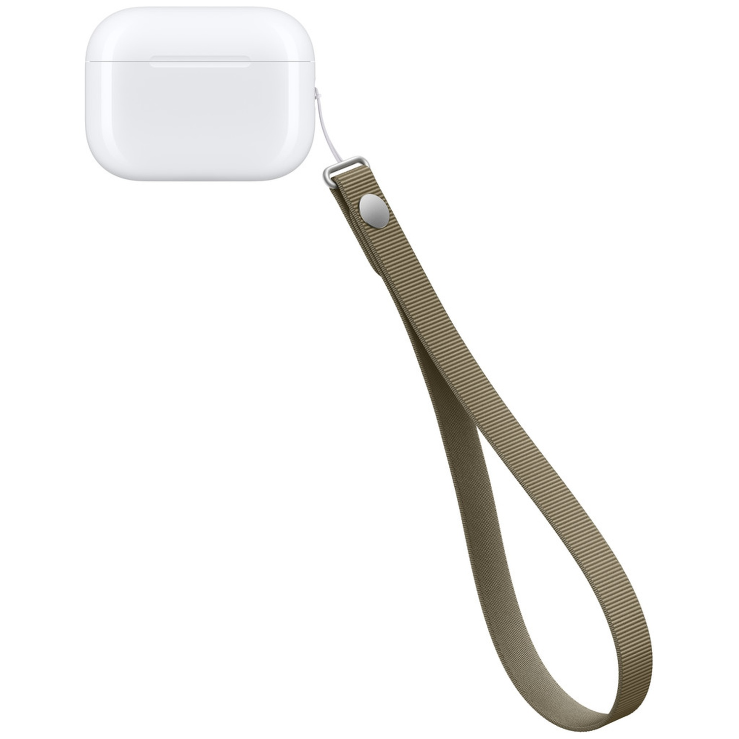 Étui pour écouteurs blanc avec une lanière en tissu vert olive attachée sur fond blanc.