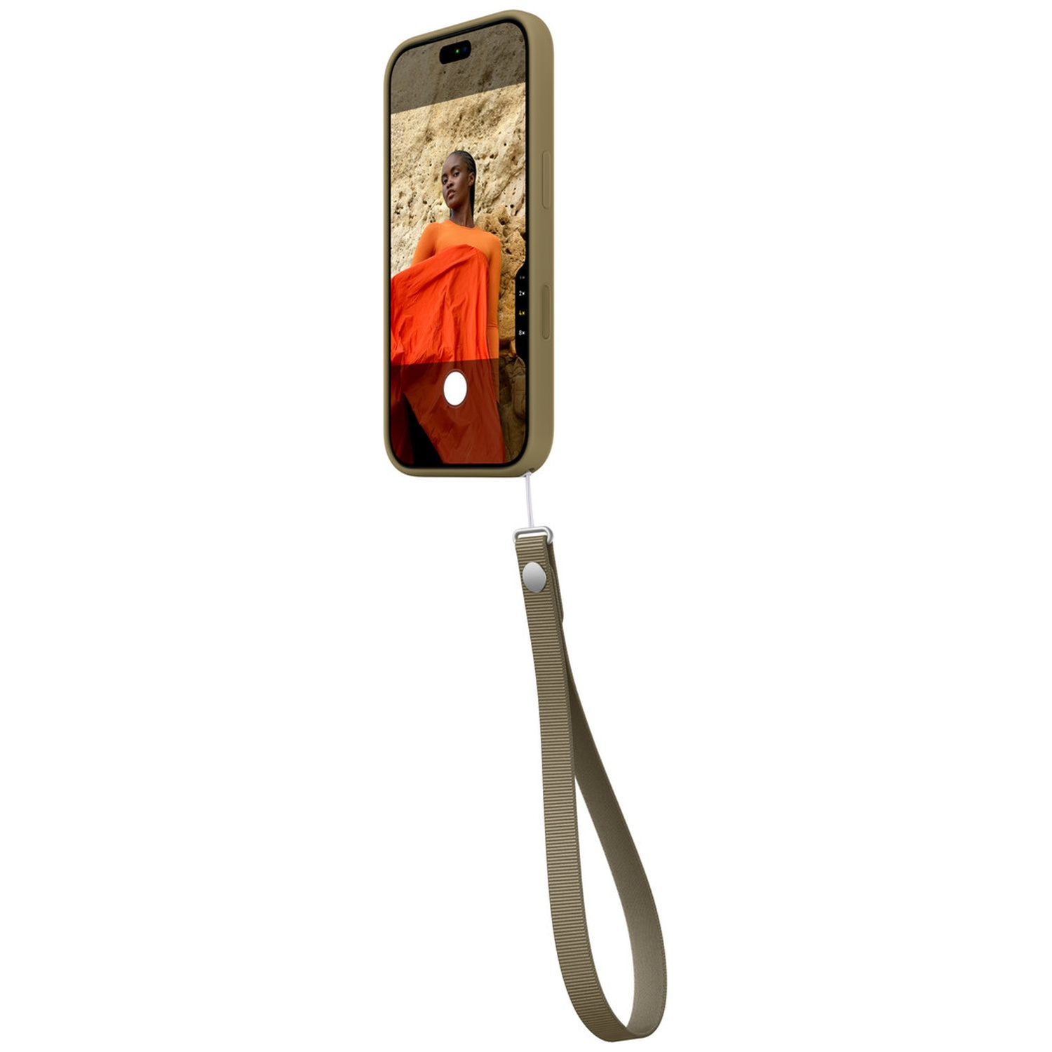 Coque de téléphone vert olive avec une dragonne assortie, affichant une femme en robe orange sur l'écran.
