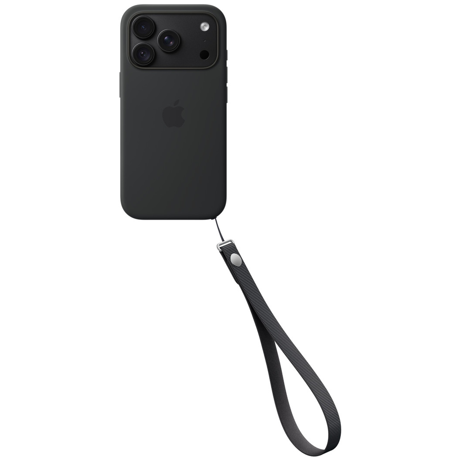 Un smartphone noir dans une coque avec une dragonne noire assortie sur fond uni.