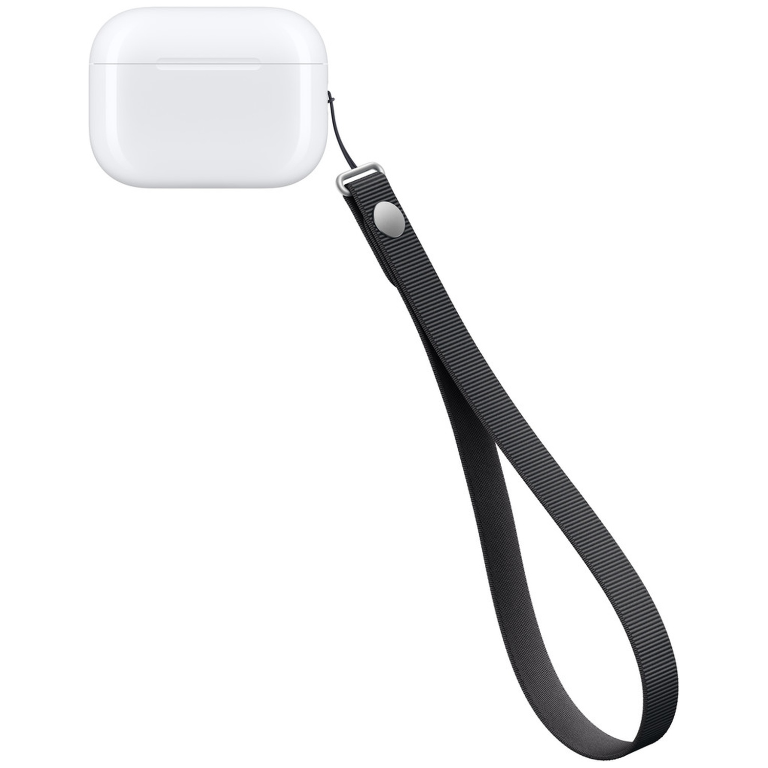 Un boîtier de charge AirPods blanc avec une lanière en nylon noire sur fond blanc.