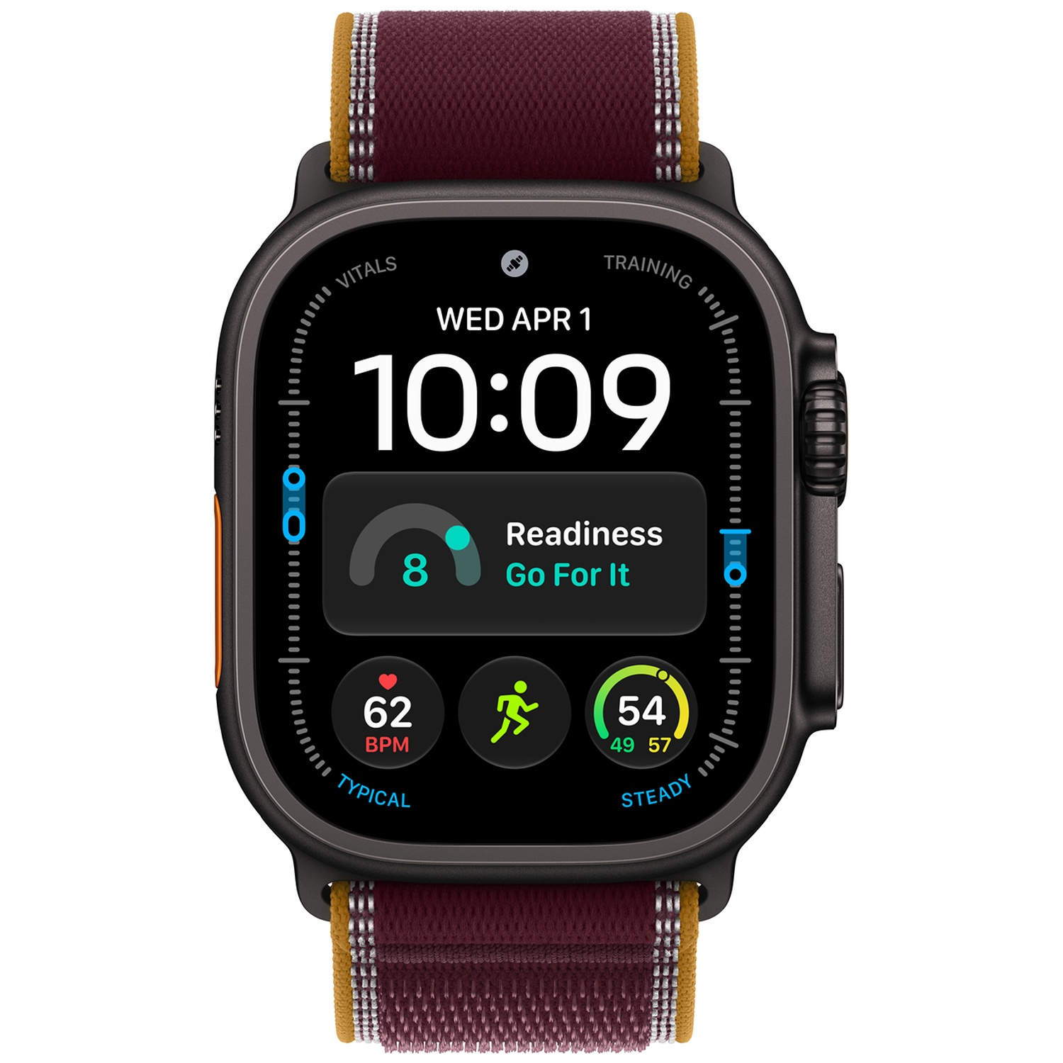 Een zwarte smartwatch met rode stoffen band toont 10:09, hartslag en fitnessgegevens.