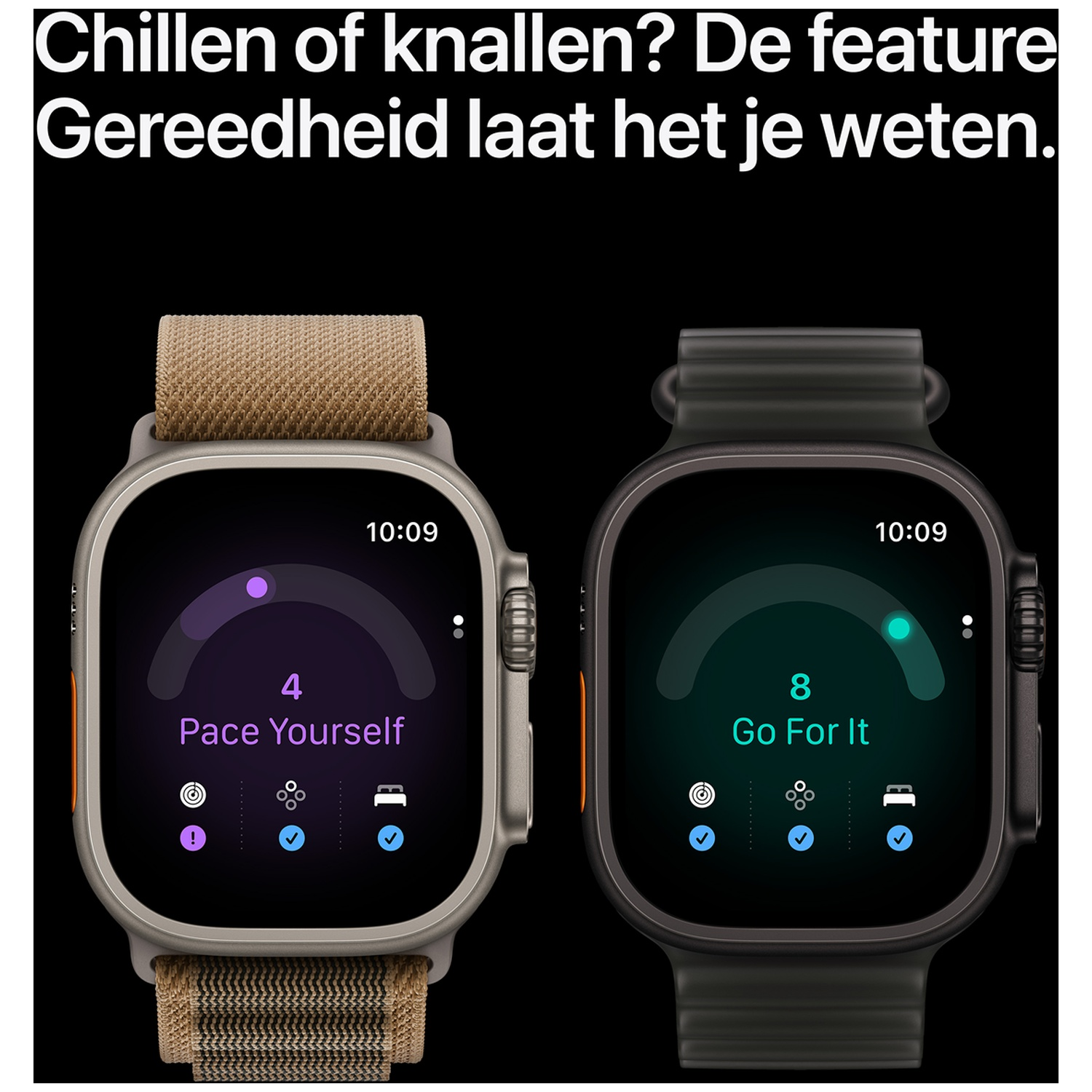 Twee smartwatches met fitness-apps op een zwart scherm en Nederlandse tekst bovenaan.